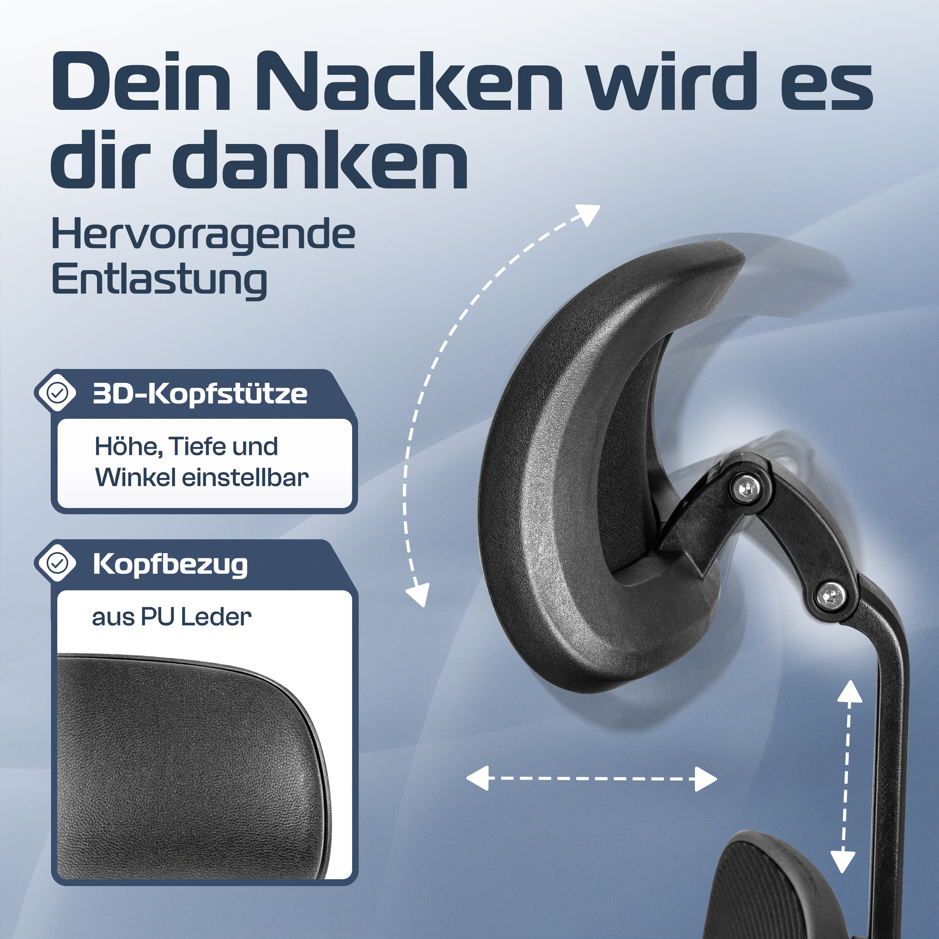Nahaufnahme einer schwarzen Kopfstütze, Text zur Erläuterung der Merkmale.
