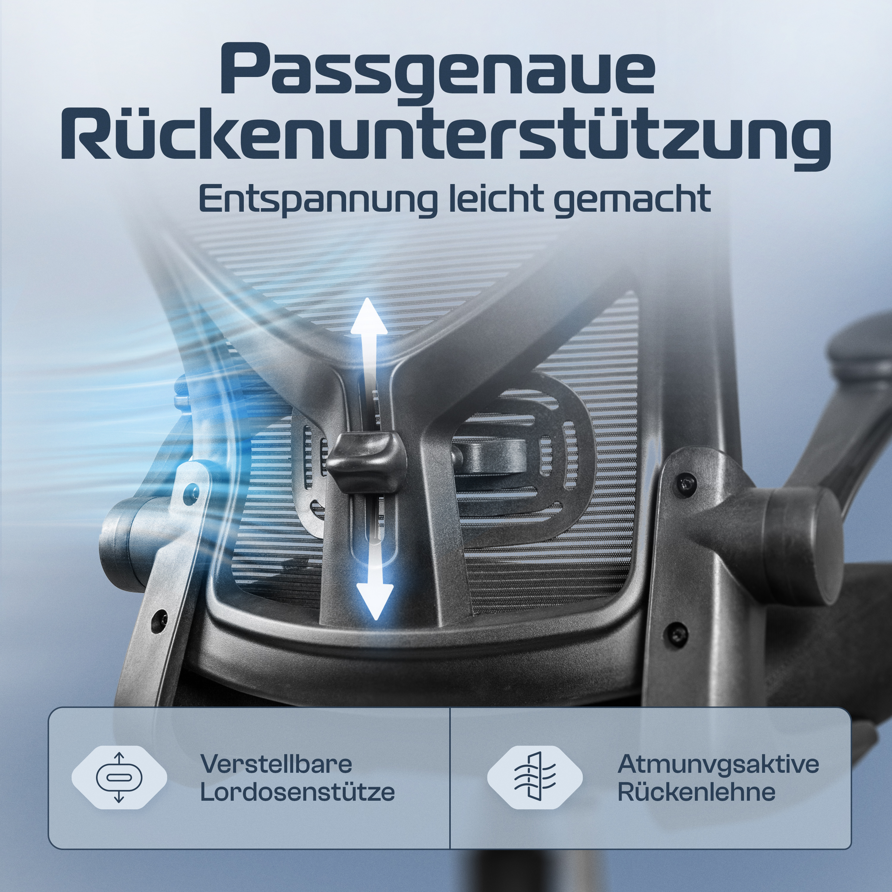 Nahaufnahme des schwarzen Stuhlrückens mit Text, Pfeile zeigen die Verstellung.