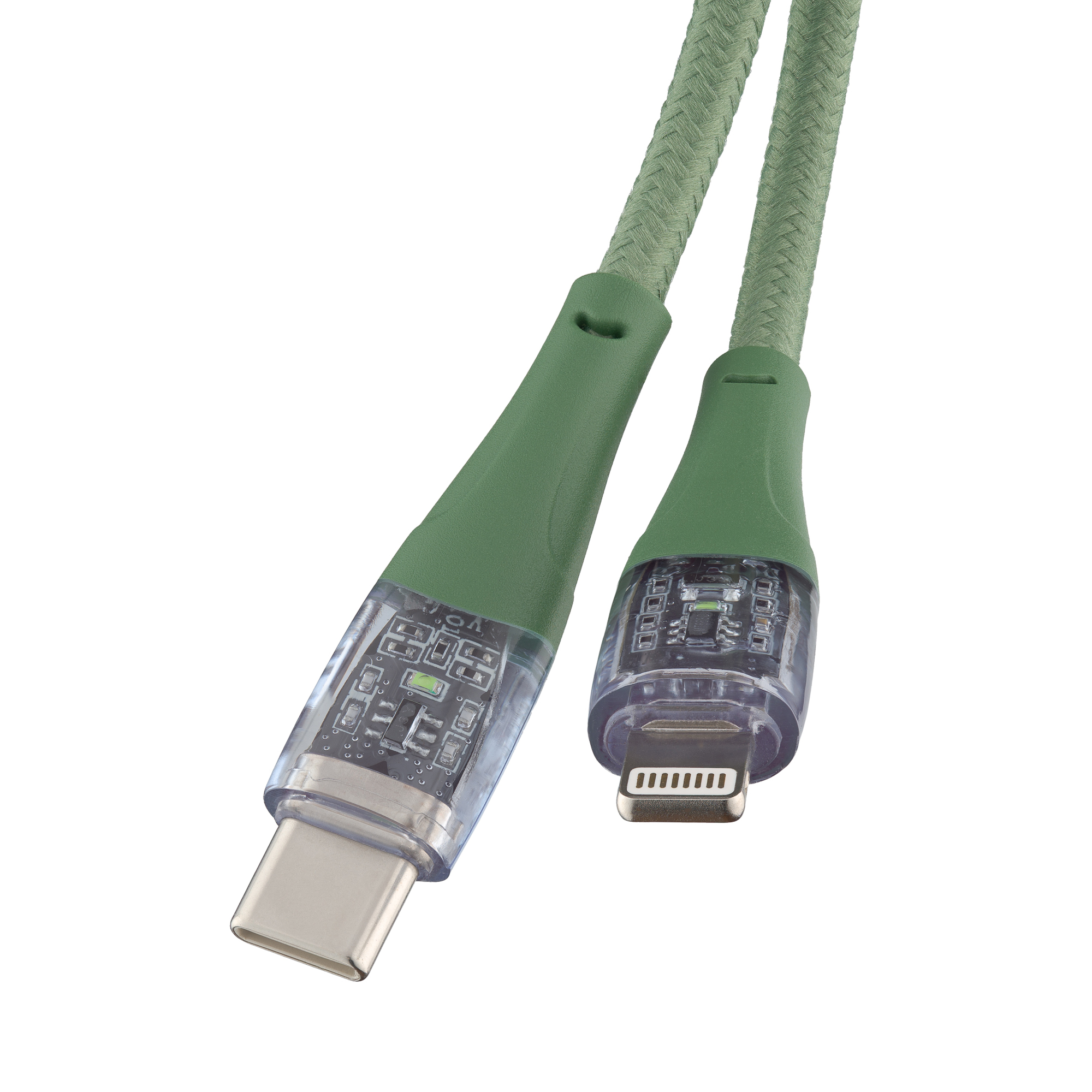 Zielony kabel USB-C do Lightning, przezroczyste złącza, białe tło.