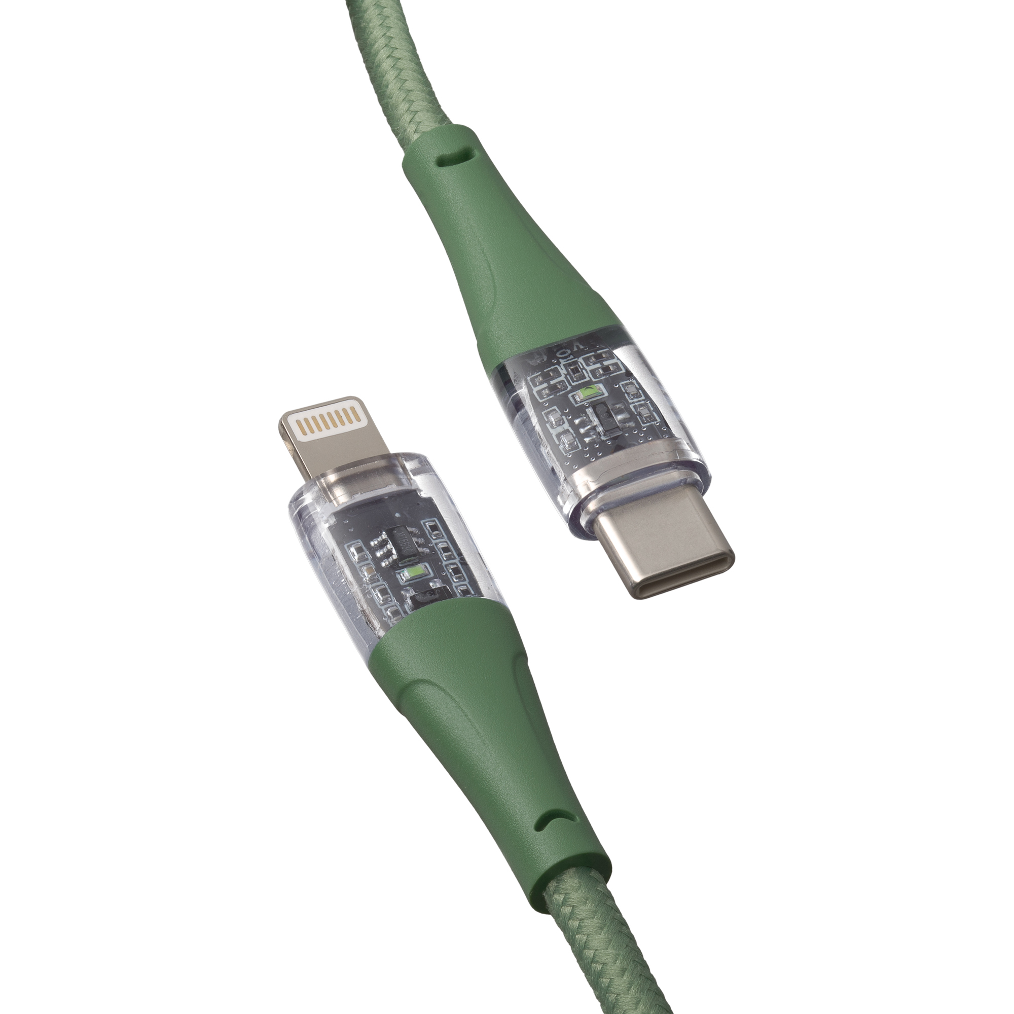 Zielone i przezroczyste kable ładujące, złącza Lightning i USB-C.
