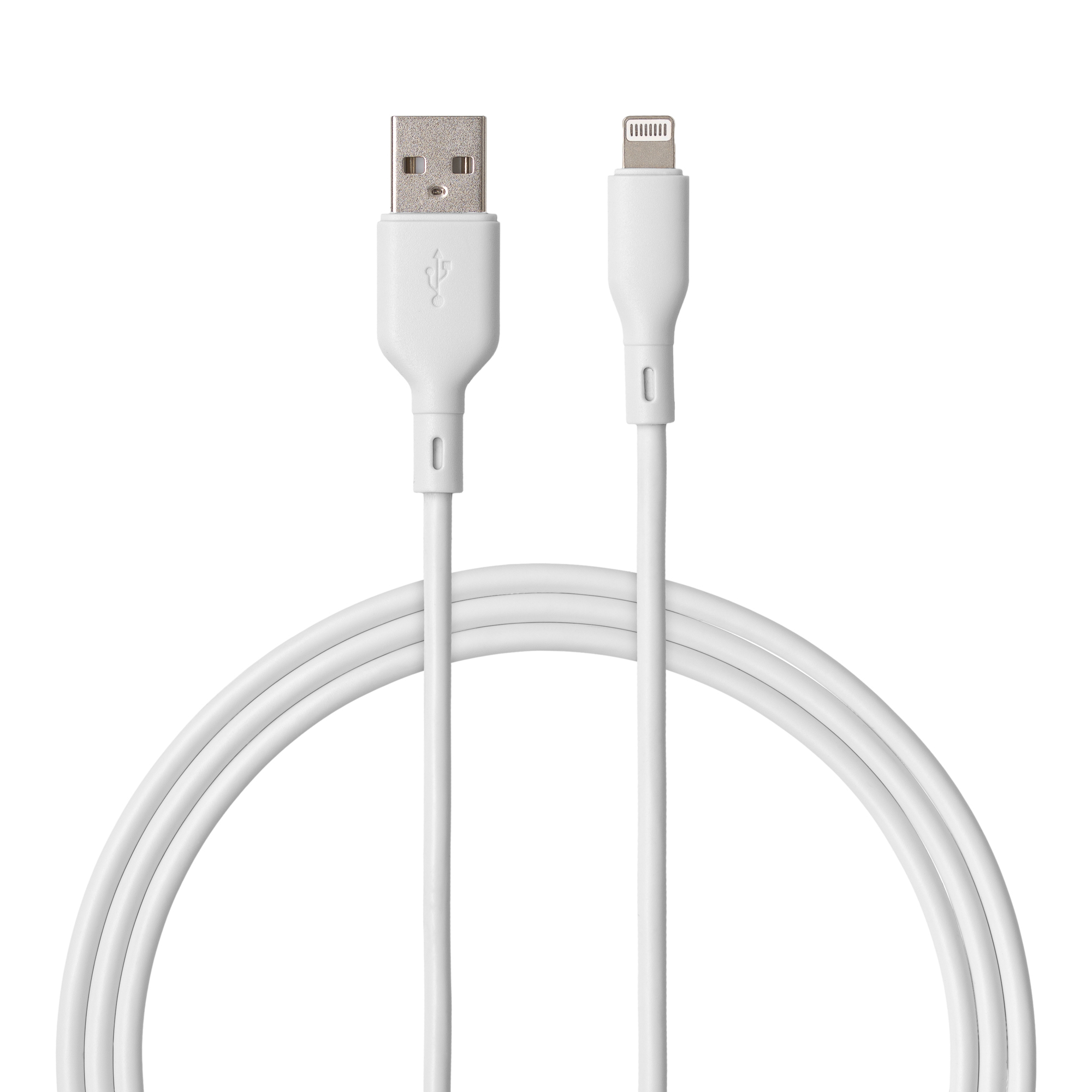Biały kabel ładujący USB do Lightning, zwinięty i wyświetlony na białym tle.