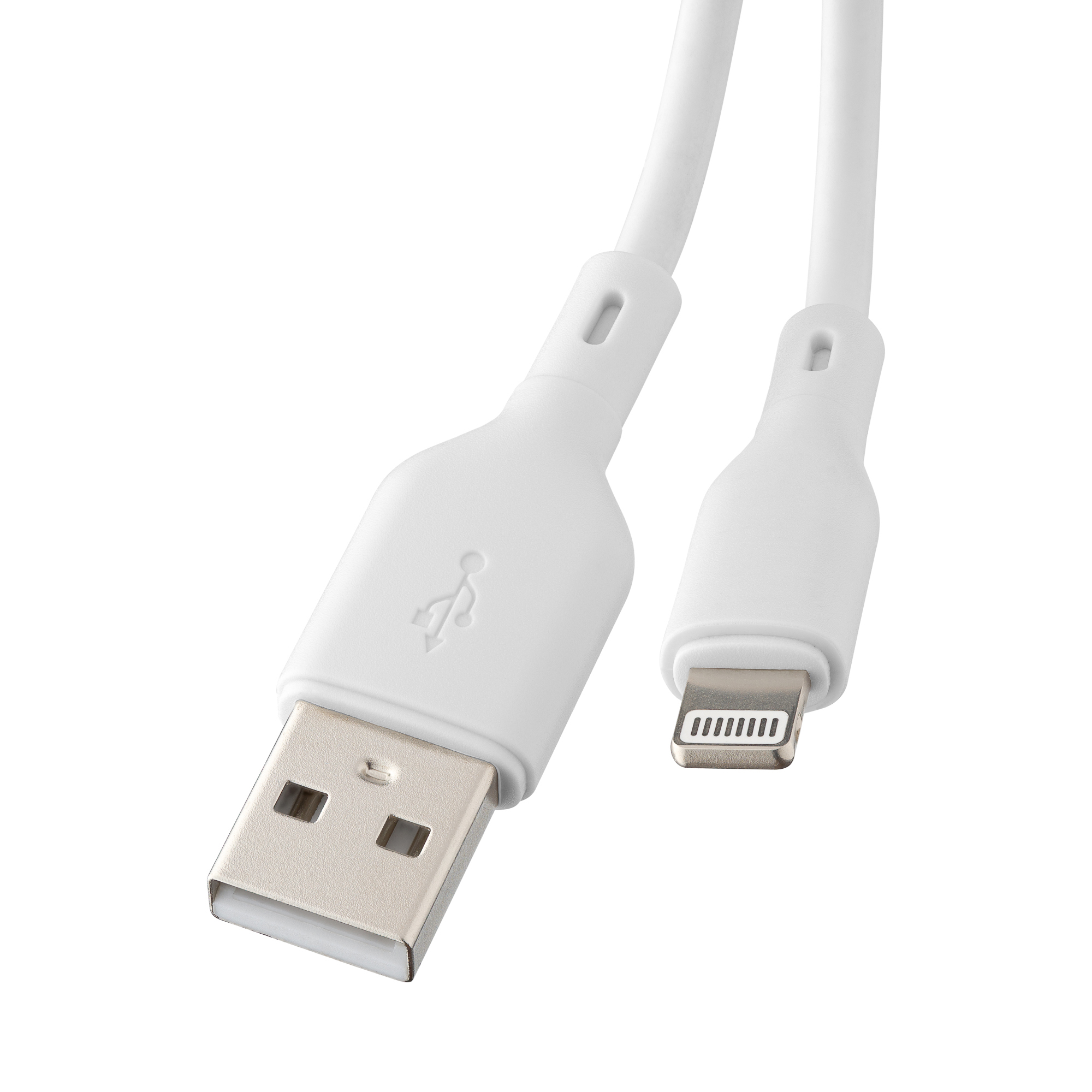 Biały kabel USB do Lightning, zbliżenie, białe tło.