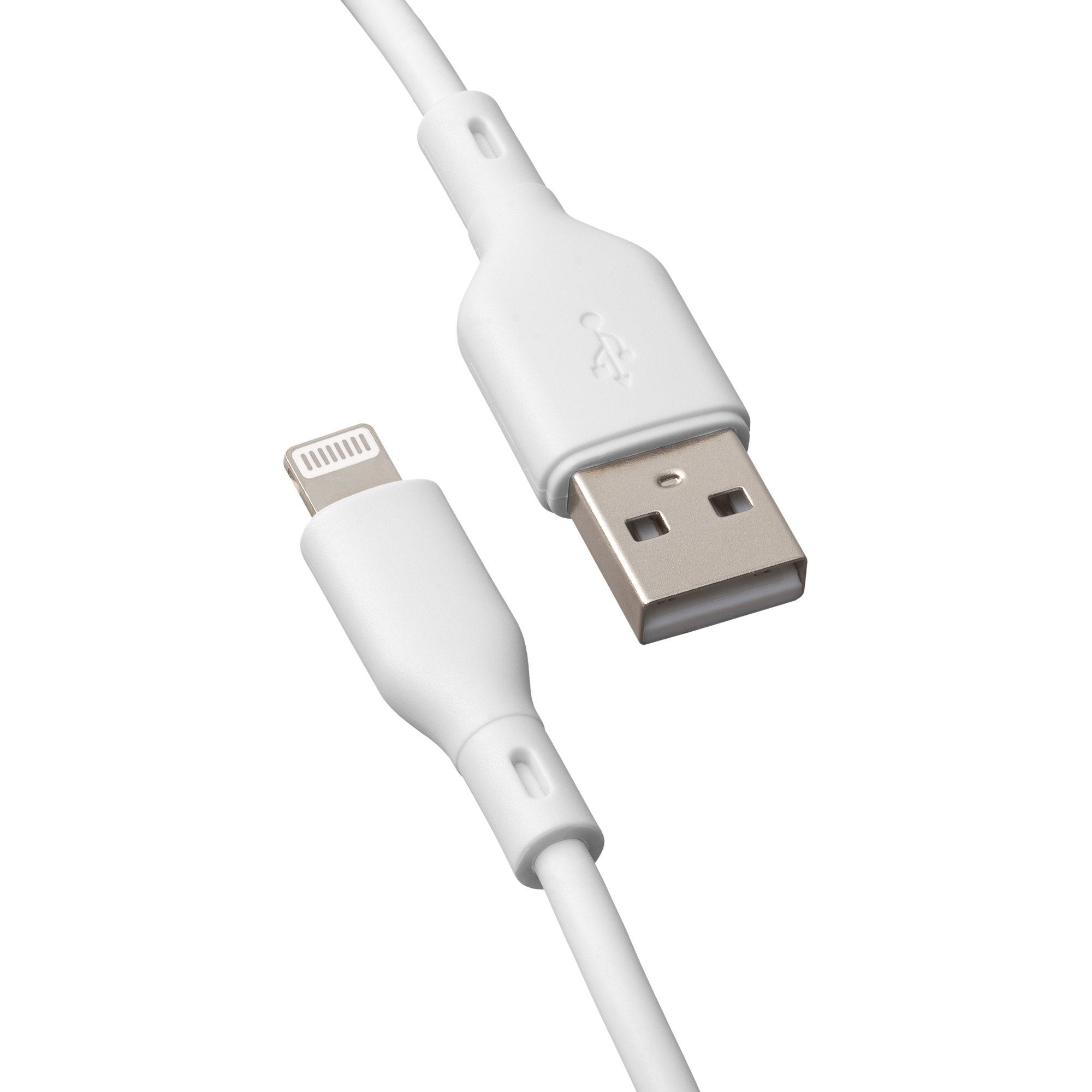 Biały kabel Lightning do USB, zbliżenie, białe tło.