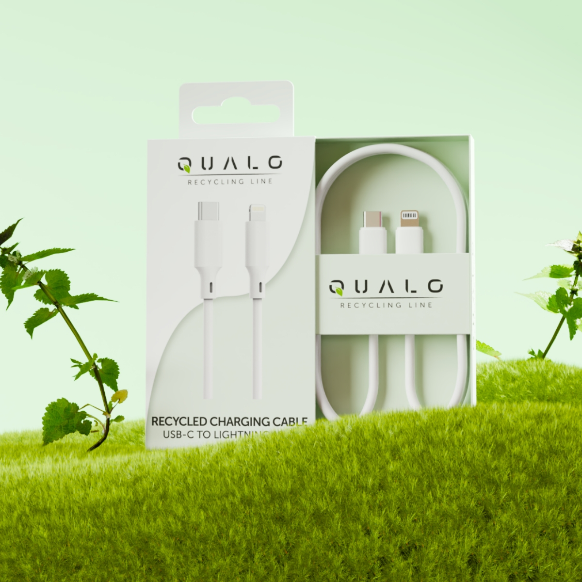Biały kabel ładujący w pudełku. Pudełko ma tekst i zielone tło.