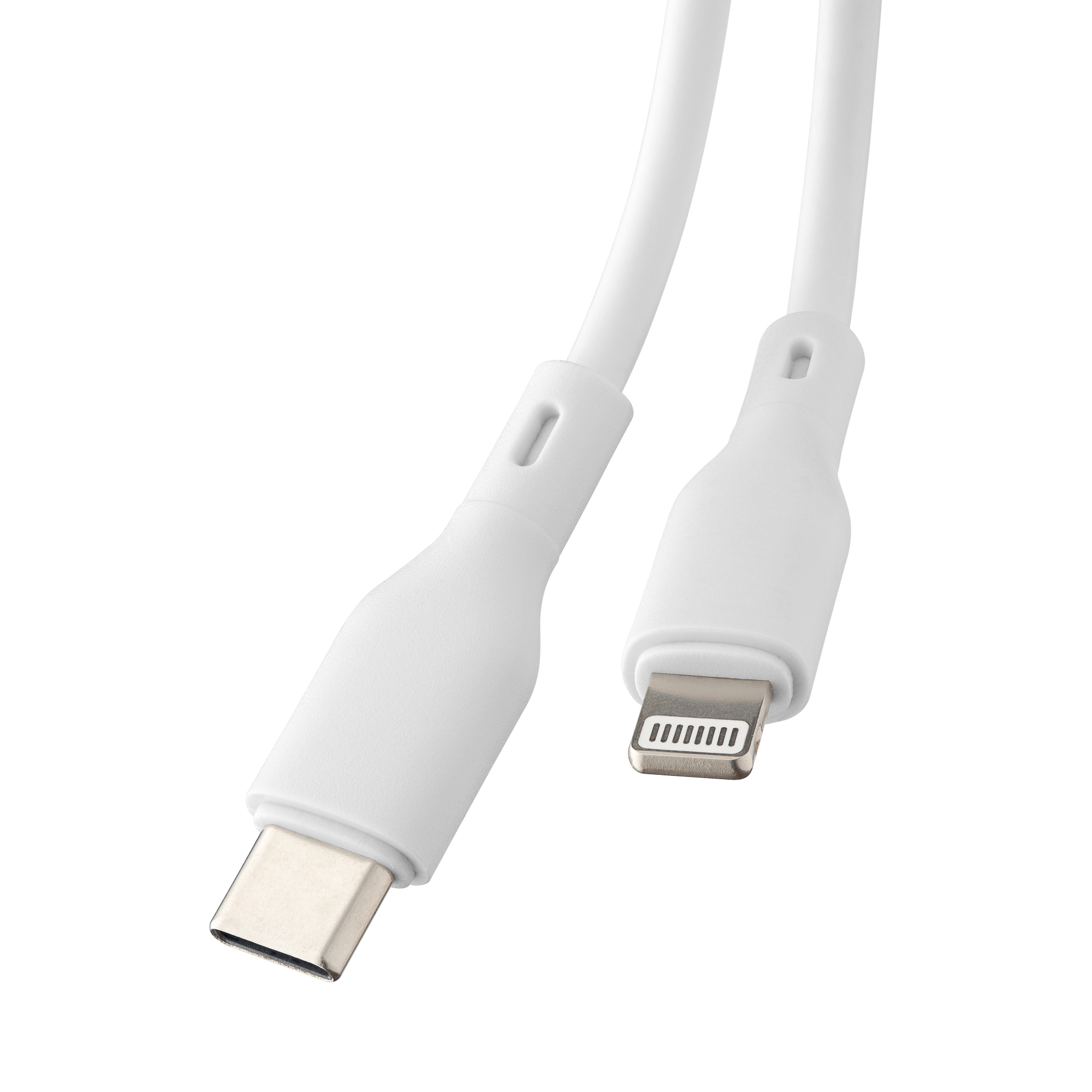 Biały kabel USB-C do Lightning, zbliżenie na białym tle.