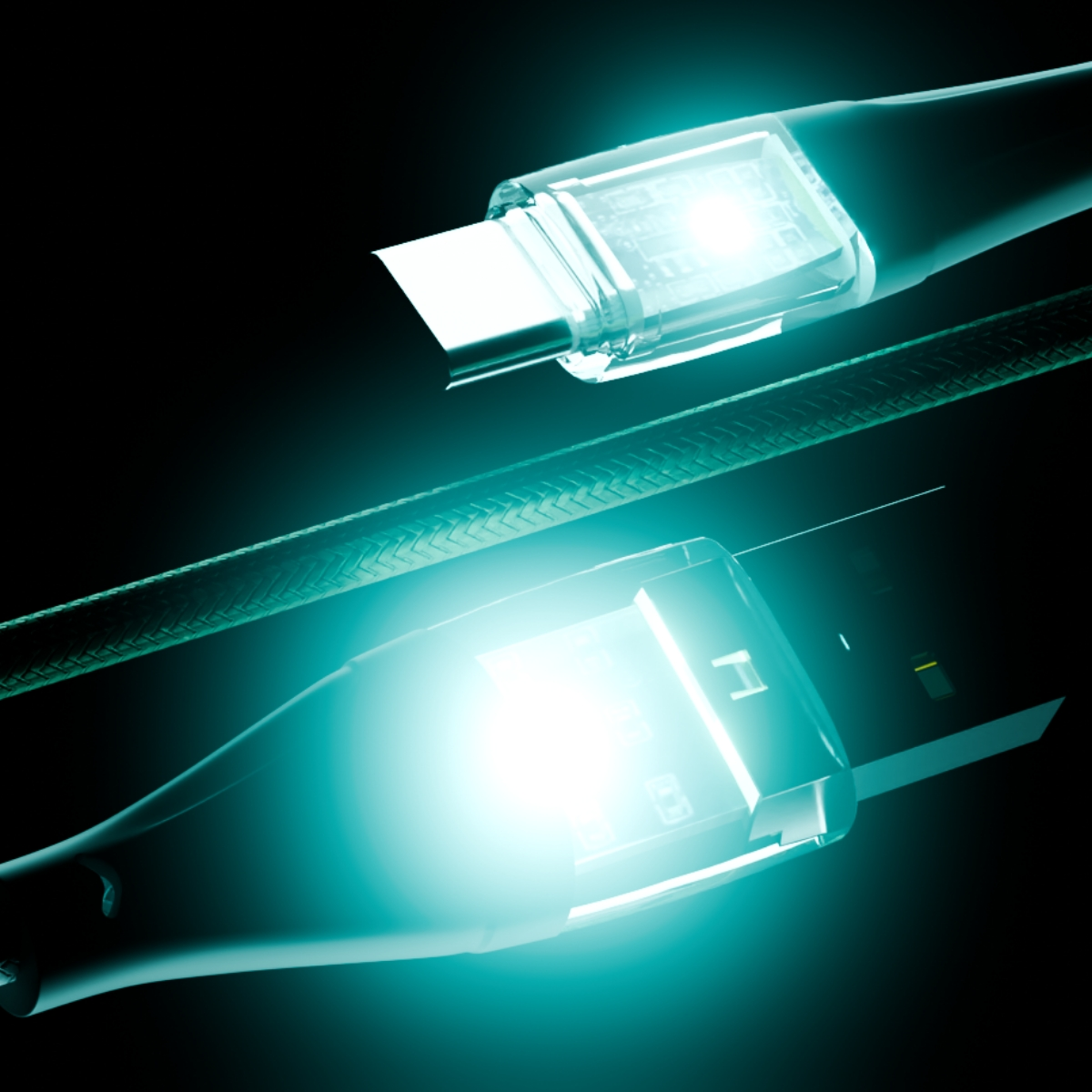 Zbliżenie dwóch kabli USB z świecącymi turkusowymi światłami.