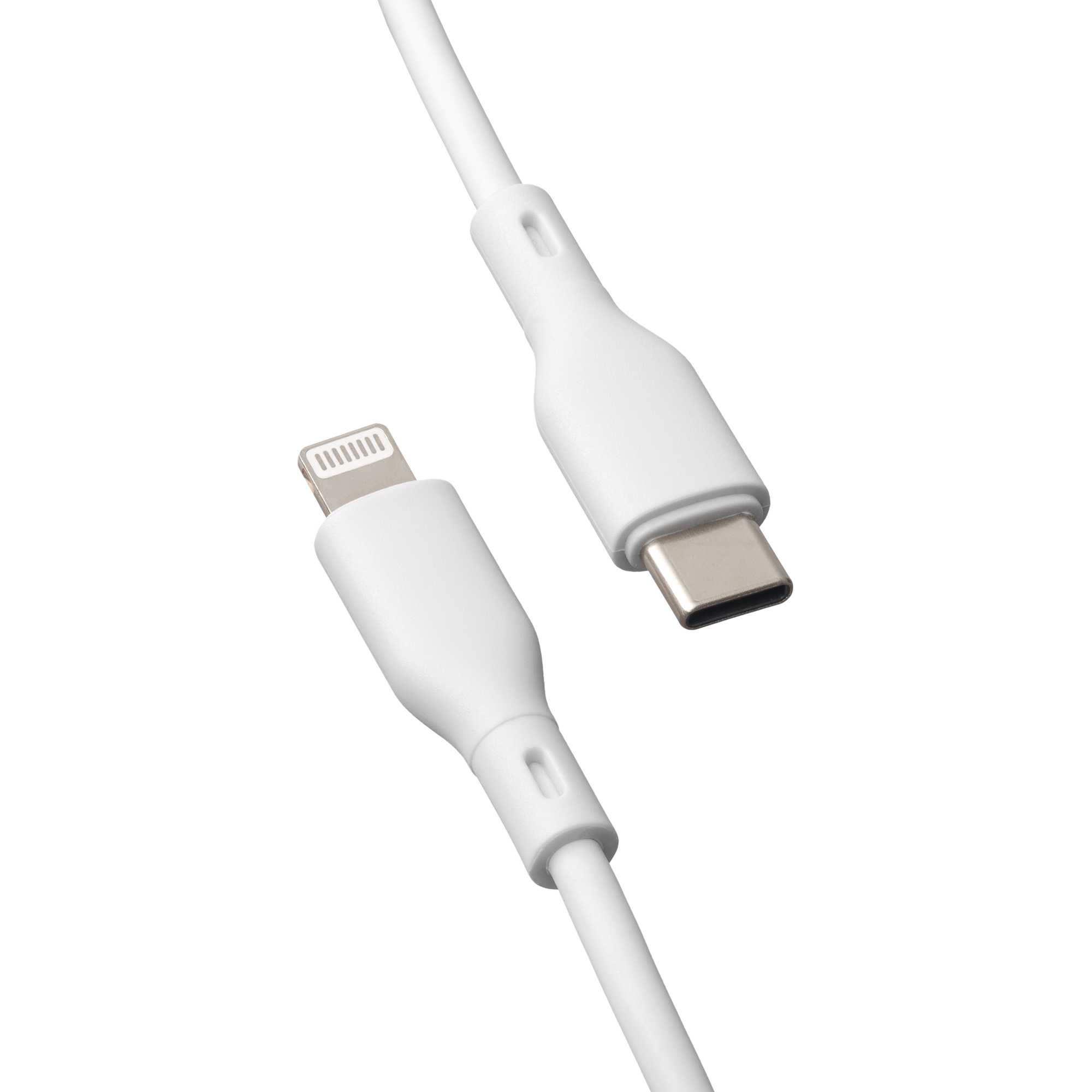 Biały kabel USB-C do Lightning, zbliżenie.