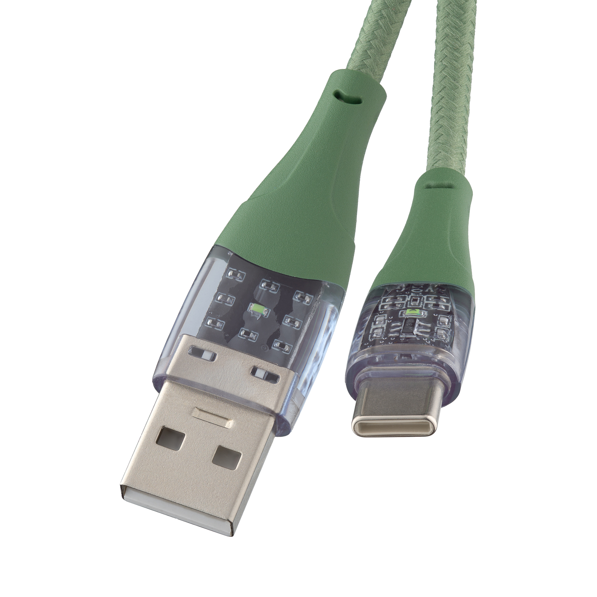 Zielony kabel USB-A do USB-C. Jeden koniec to USB-A, drugi to USB-C, oba zielone.