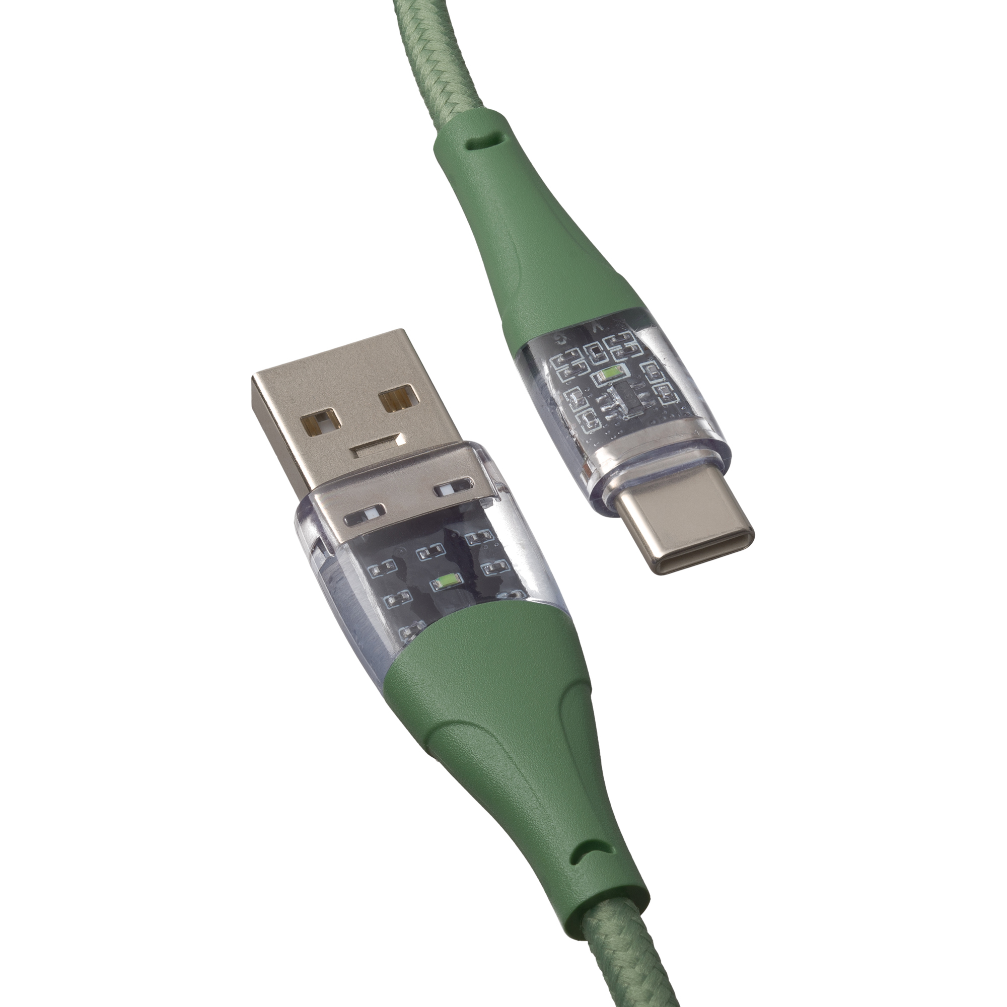 Zielony kabel USB z wtyczkami USB-A i USB-C. Przezroczyste plastikowe sekcje.