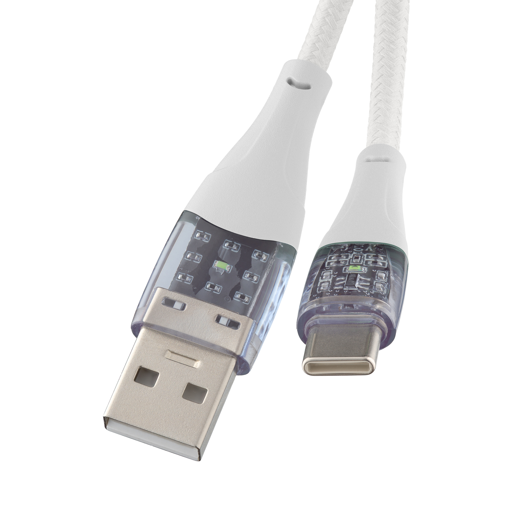 Biały kabel ładujący z wtyczkami USB i USB-C. Przezroczyste plastikowe złącza.