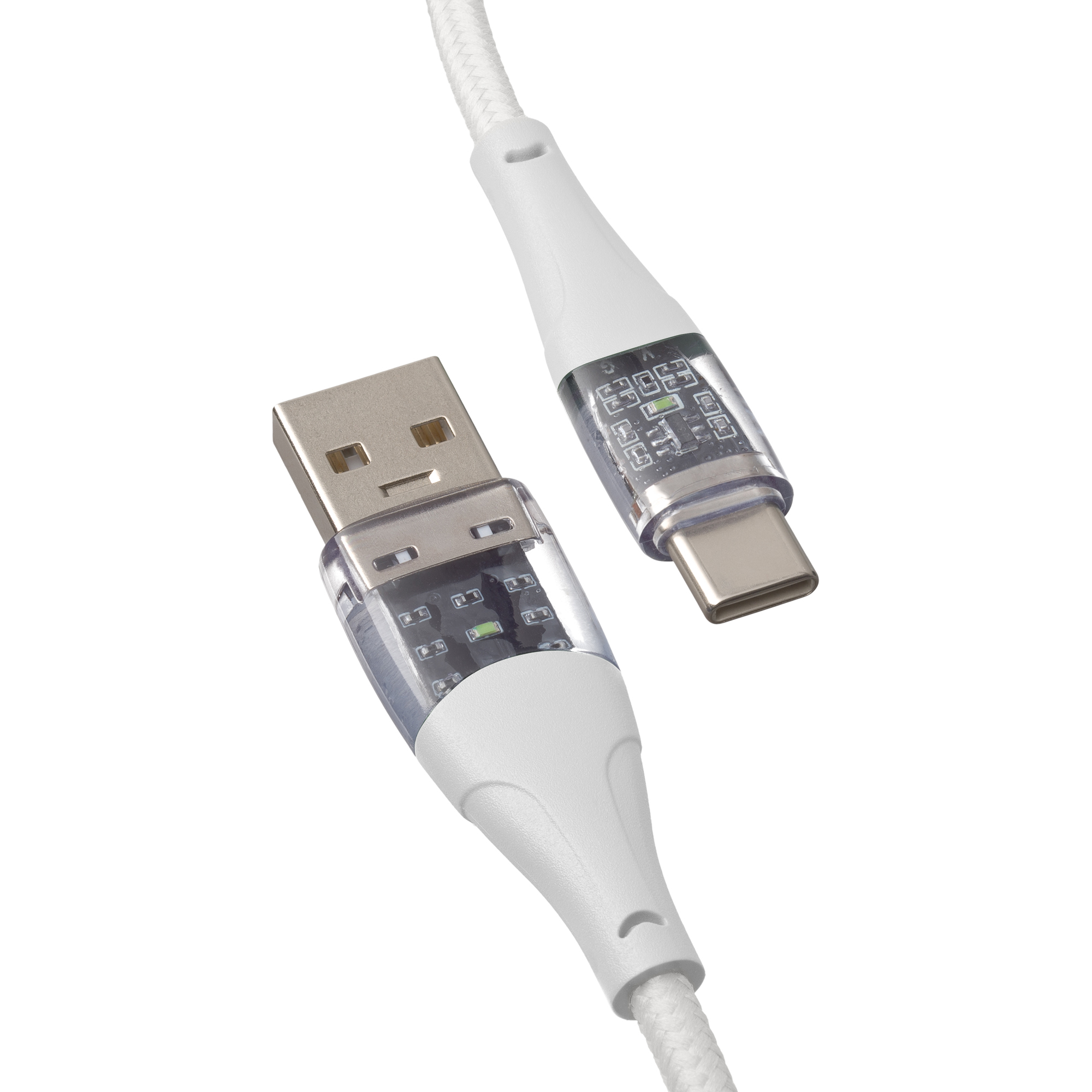 Biały kabel ładujący z wtyczkami USB i USB-C. Przezroczyste plastikowe złącza.