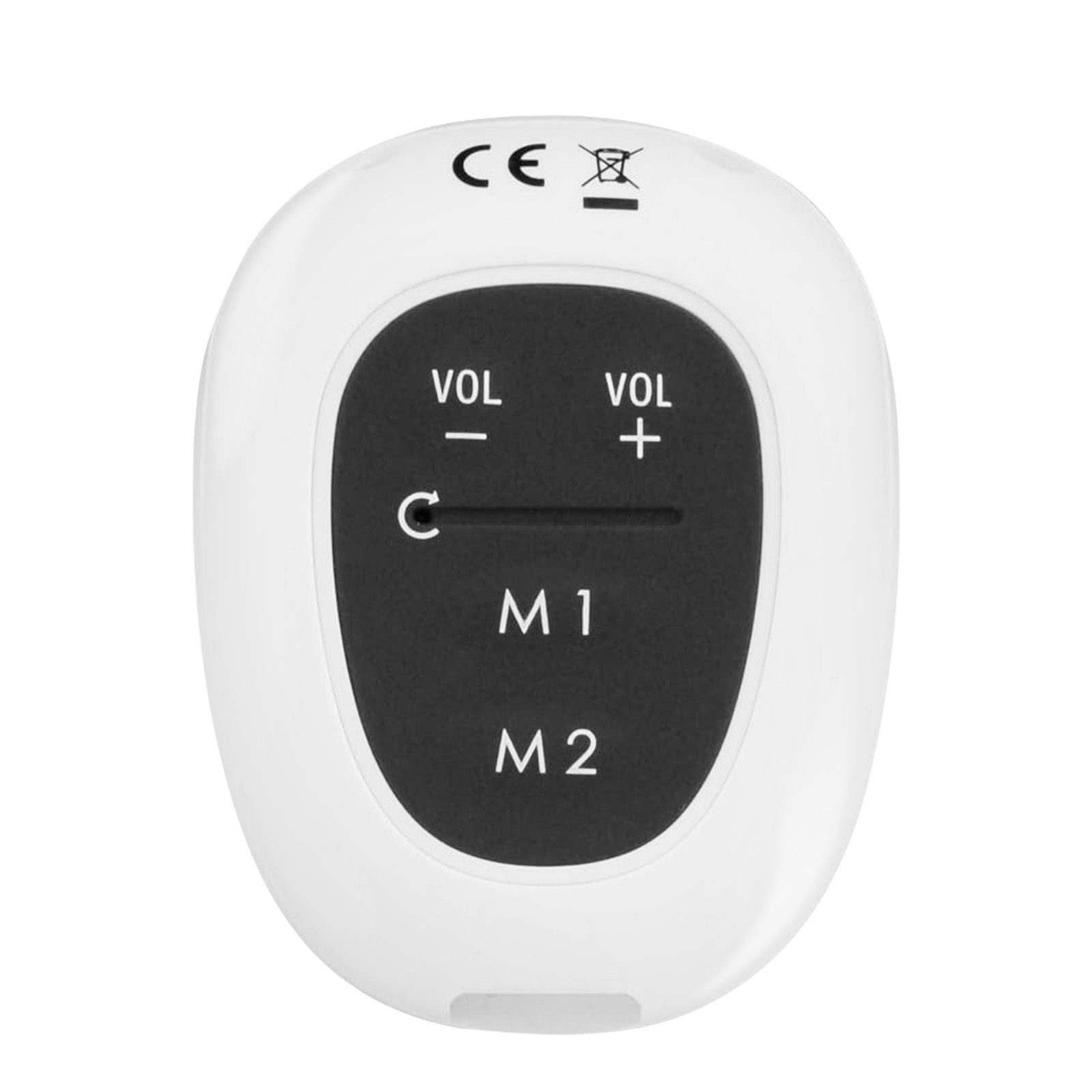 Un telecomando bianco con pulsanti etichettati 'VOL-', 'C', 'M1', 'M2' e 'VOL+'.