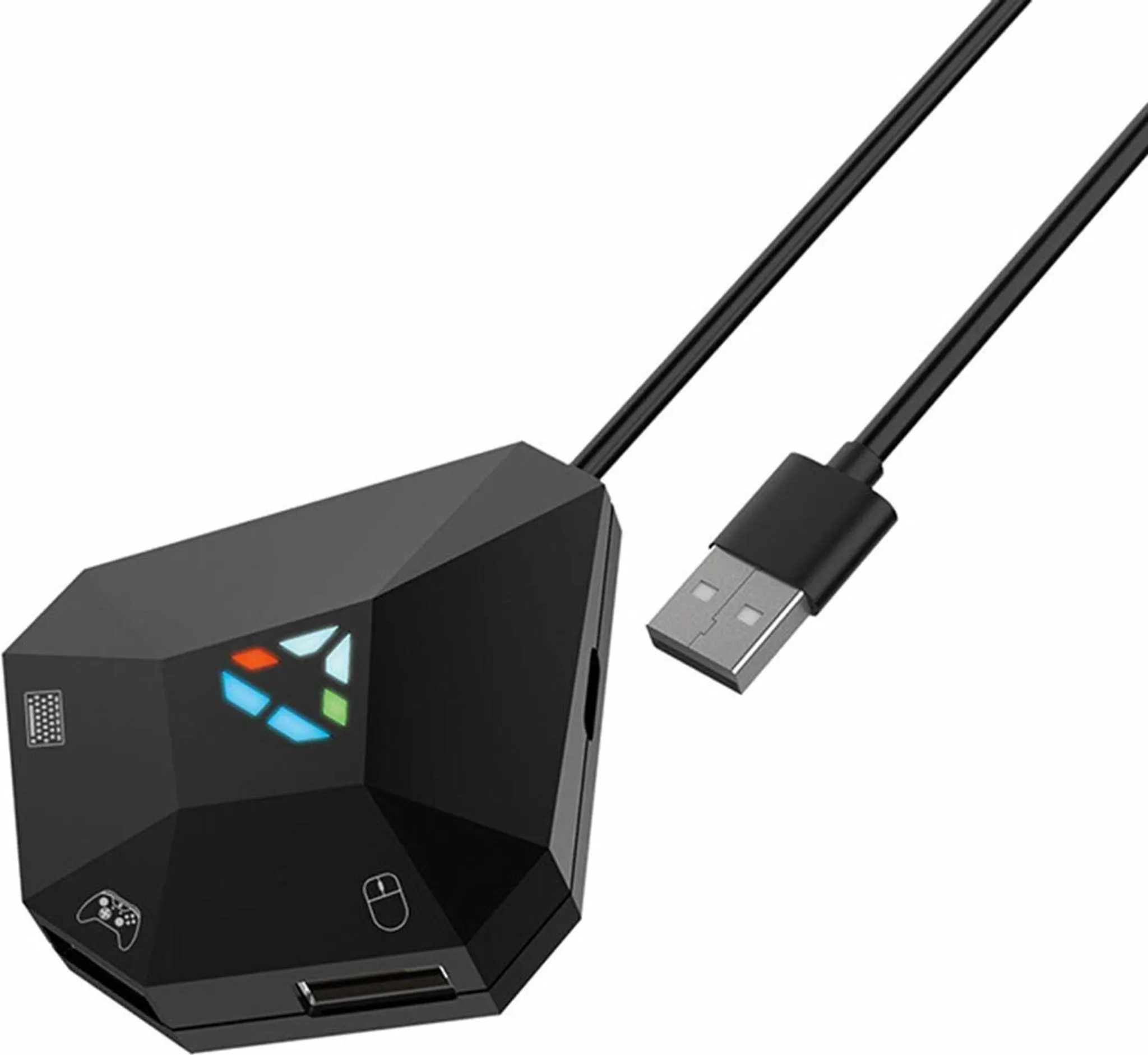 Schwarzer Maus- und Tastaturkonverter mit USB-Kabel und Anschlüssen für Maus und Tastatur.