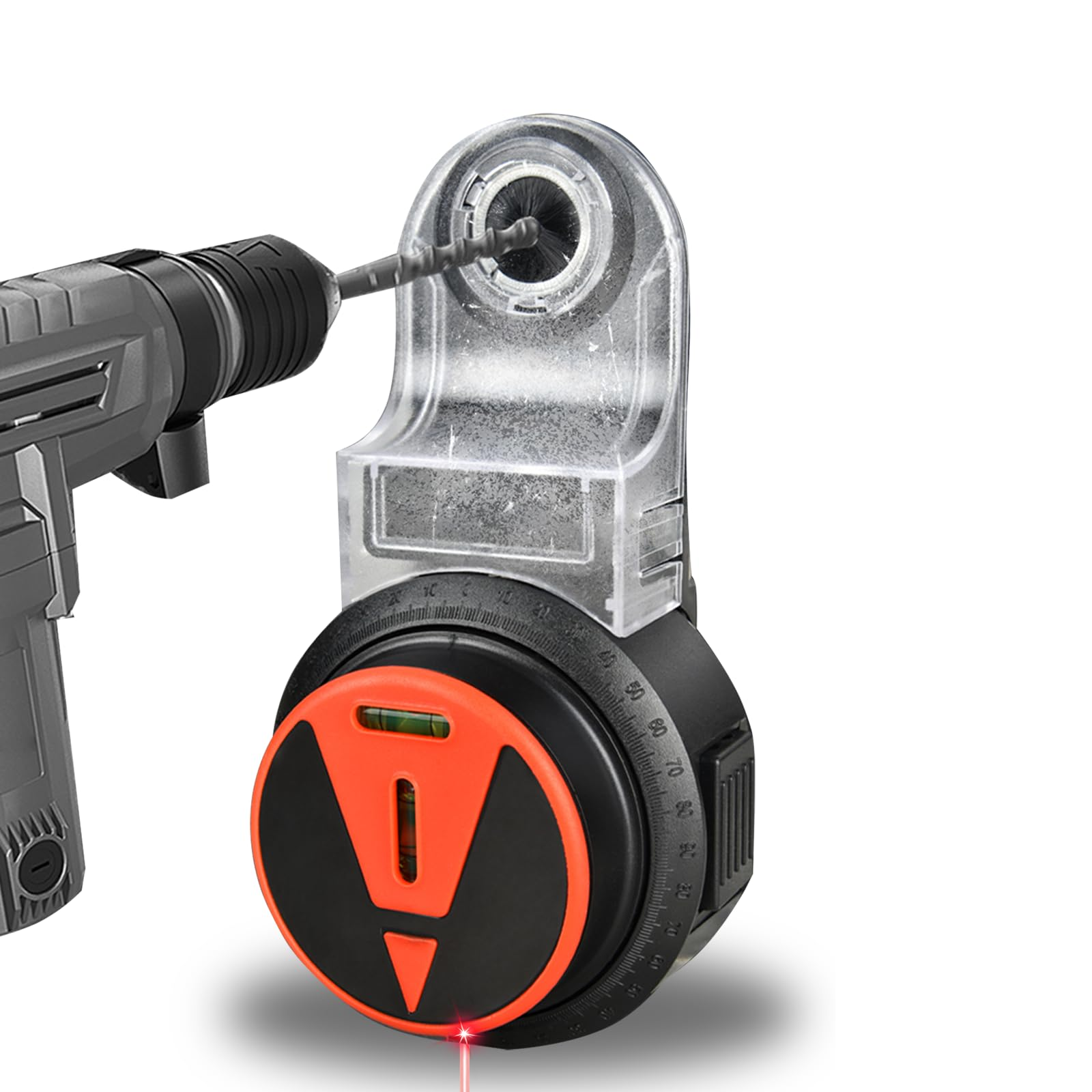 Bohrer mit Bohrmaschine an einem schwarzen und orangenen Laser-Niveau.