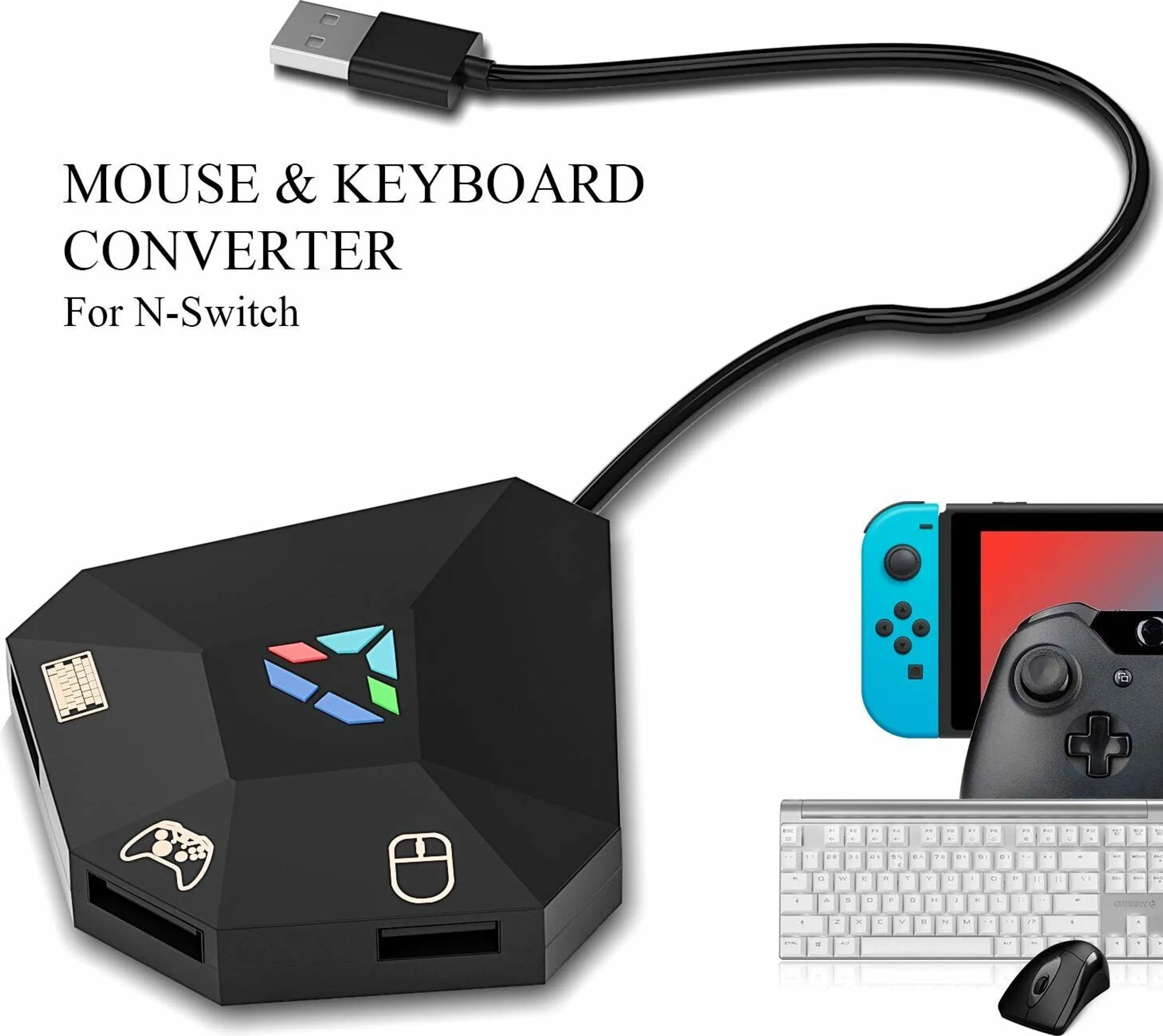 Schwarzer USB-Hub für Switch mit weißer Tastatur, Maus und Gamecontroller.