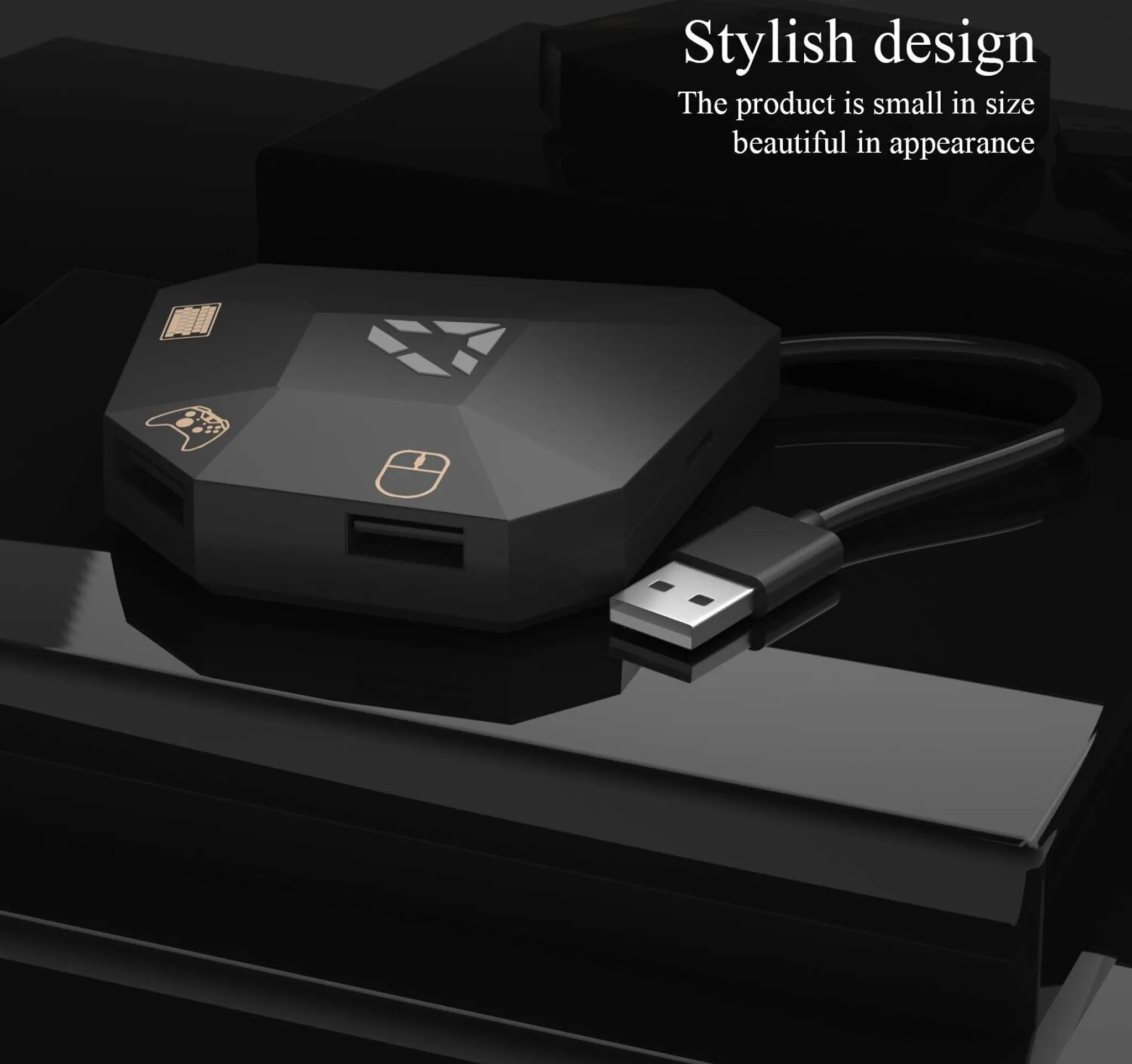 Schwarzer Multi-Port-USB-Hub mit Maus- und Gamecontroller-Symbolen auf dunkler Oberfläche.