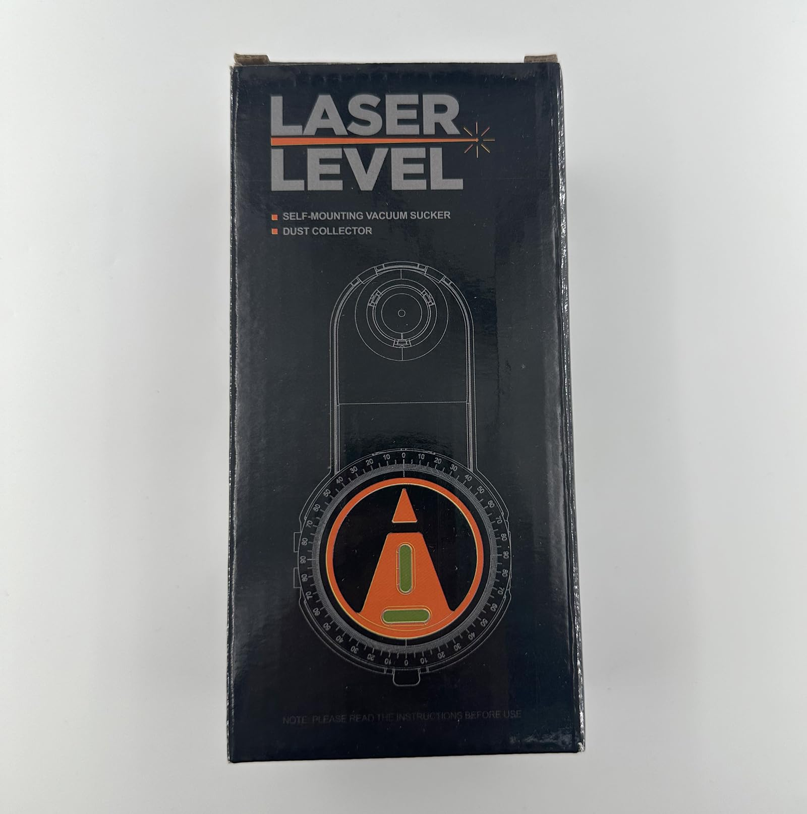 Schwarze und orangefarbene Laserwaagenbox auf weißer Oberfläche. Text 'LASER LEVEL' sichtbar.