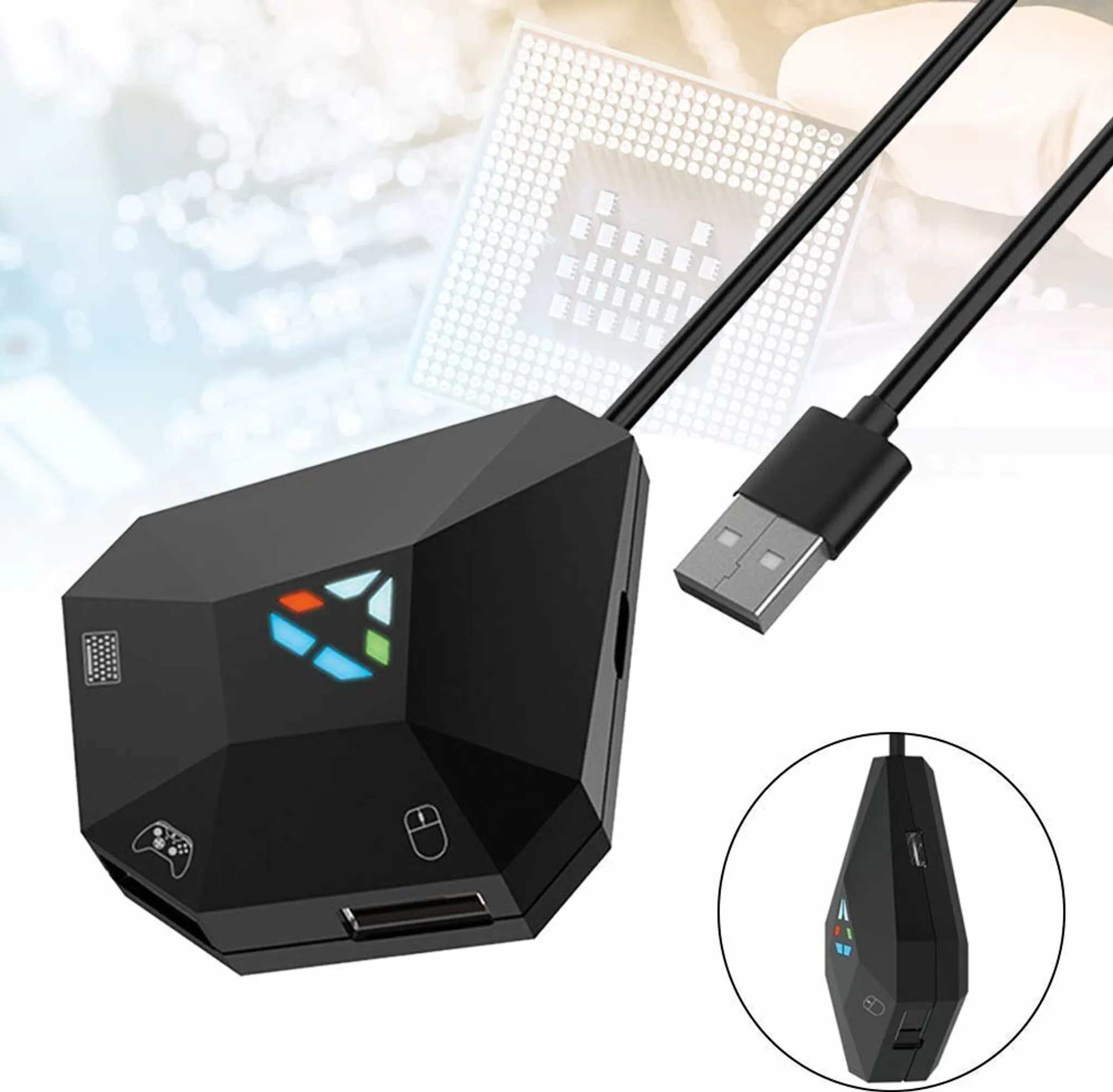 Schwarzes Gerät mit USB-Kabel und angeschlossener Maus, Tastatur und Controller für Spiele.