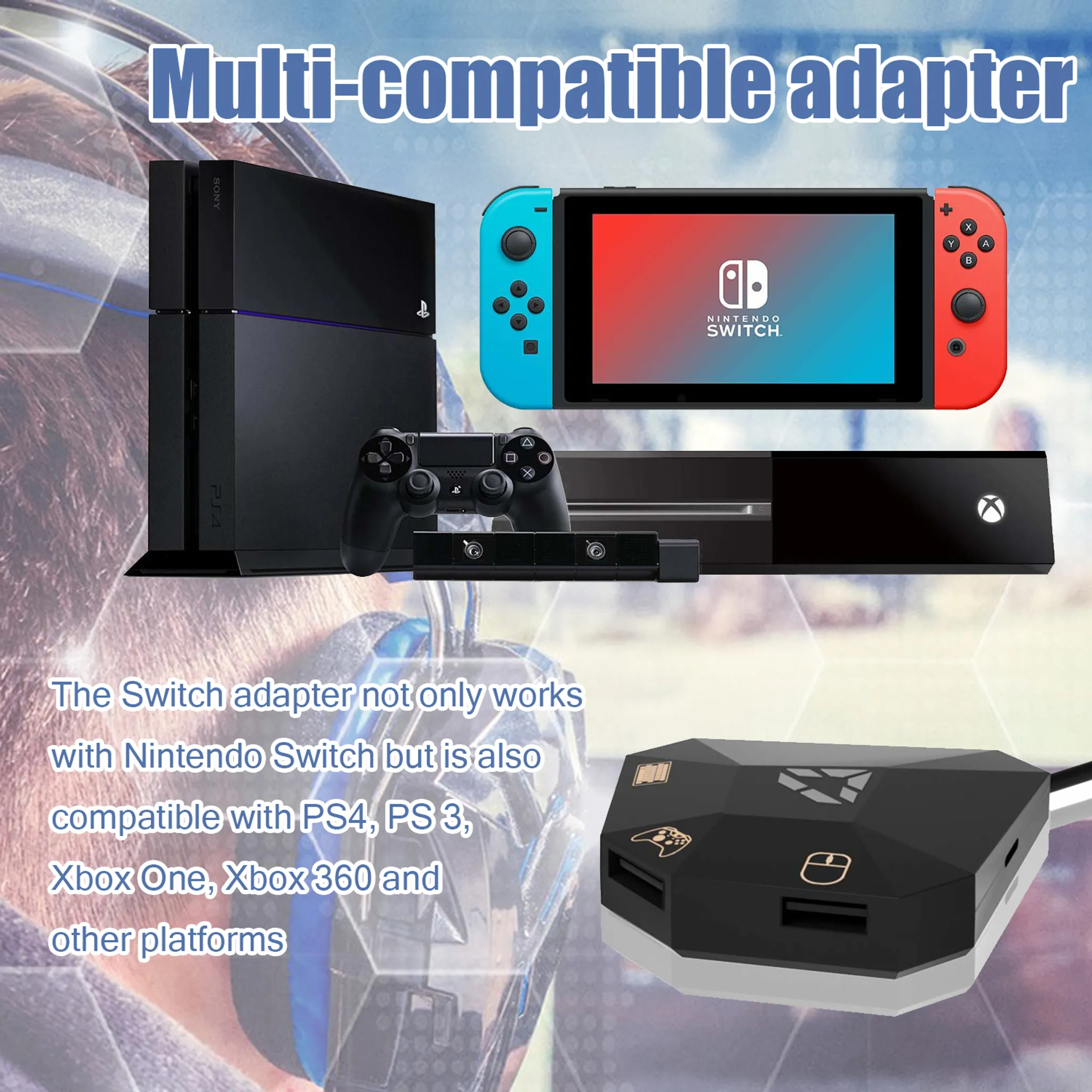 Ein multi-kompatibler Adapter mit Spielekonsolen. Enthält PS4, Xbox und Nintendo Switch, mit einem schwarzen Adapter.