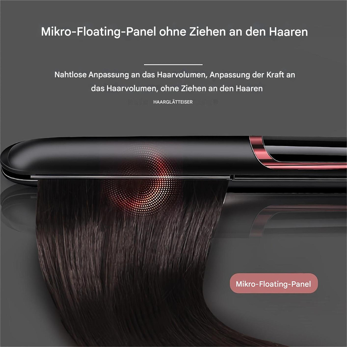 Schwarzer und roter Haarglätter, mit dunklem Haar, das durch das Panel geglättet wird.
