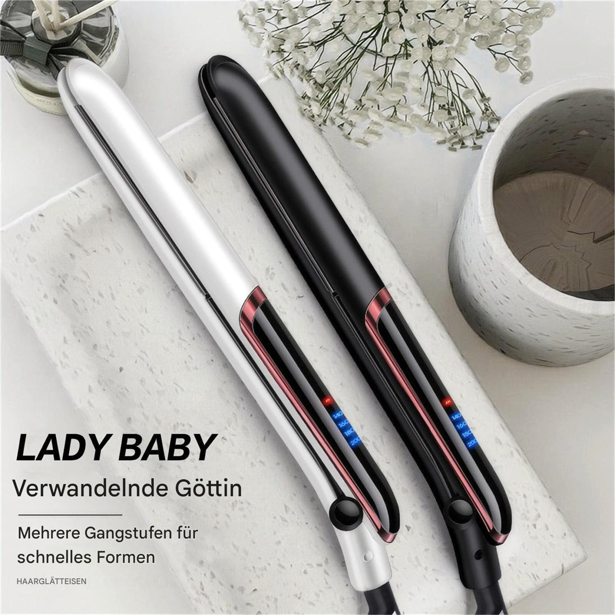 Zwei Haarglätter, einer weiß und einer schwarz. Auf der linken Seite steht 'LADY BABY' und 'Haarglätter'.