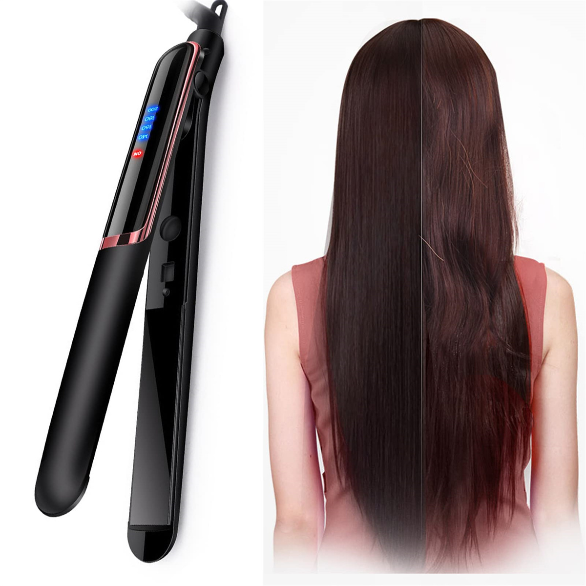 Schwarzer Haarglätter mit Digitalanzeige und Vorher-Nachher-Haarvergleich mit glattem Haar.