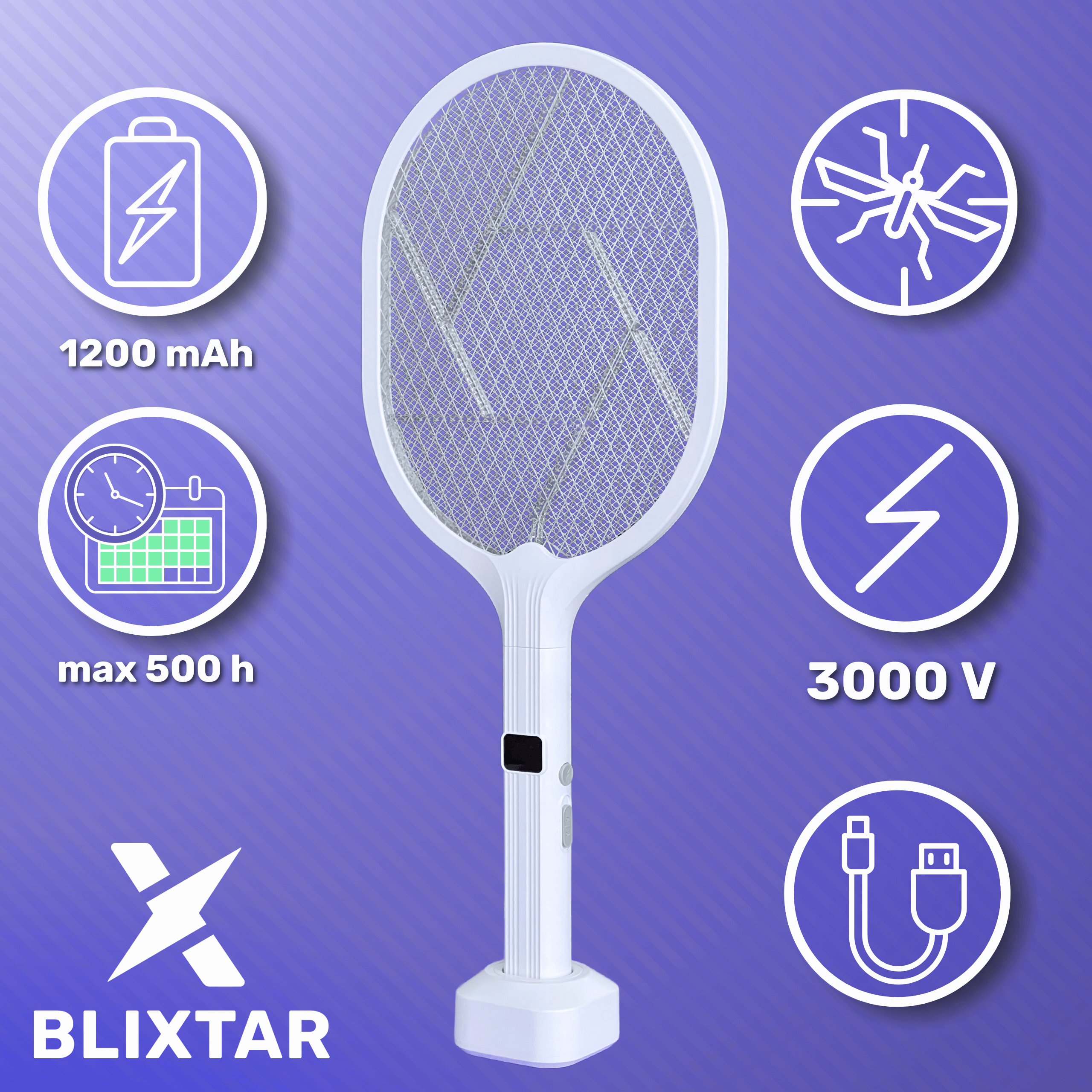 Biała elektryczna packa na muchy z ikonami: bateria, czas, komar i ładowanie.