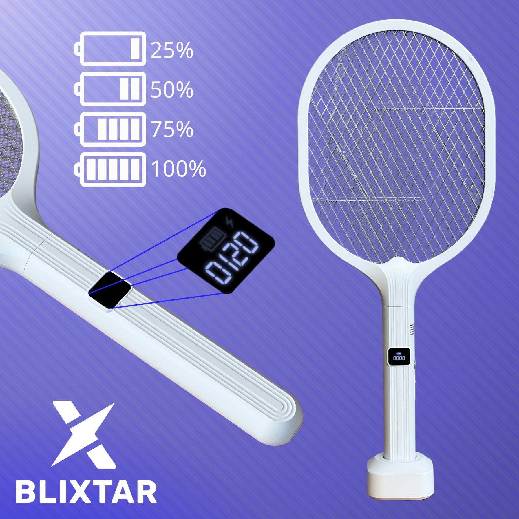 Biała elektryczna rakieta na komary z wyświetlaczem cyfrowym pokazującym żywotność baterii. Wskaźnik baterii 25%-100%.