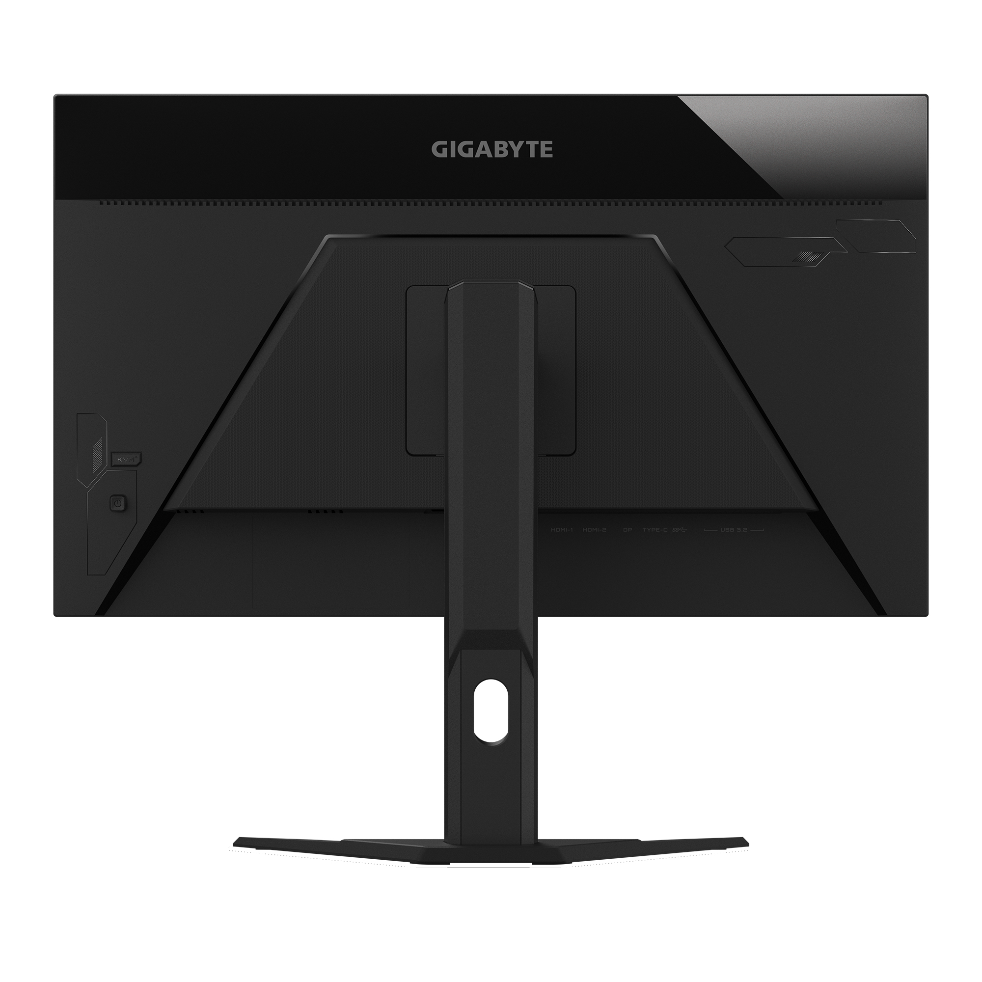Tył czarnego monitora komputerowego z logo Gigabyte.