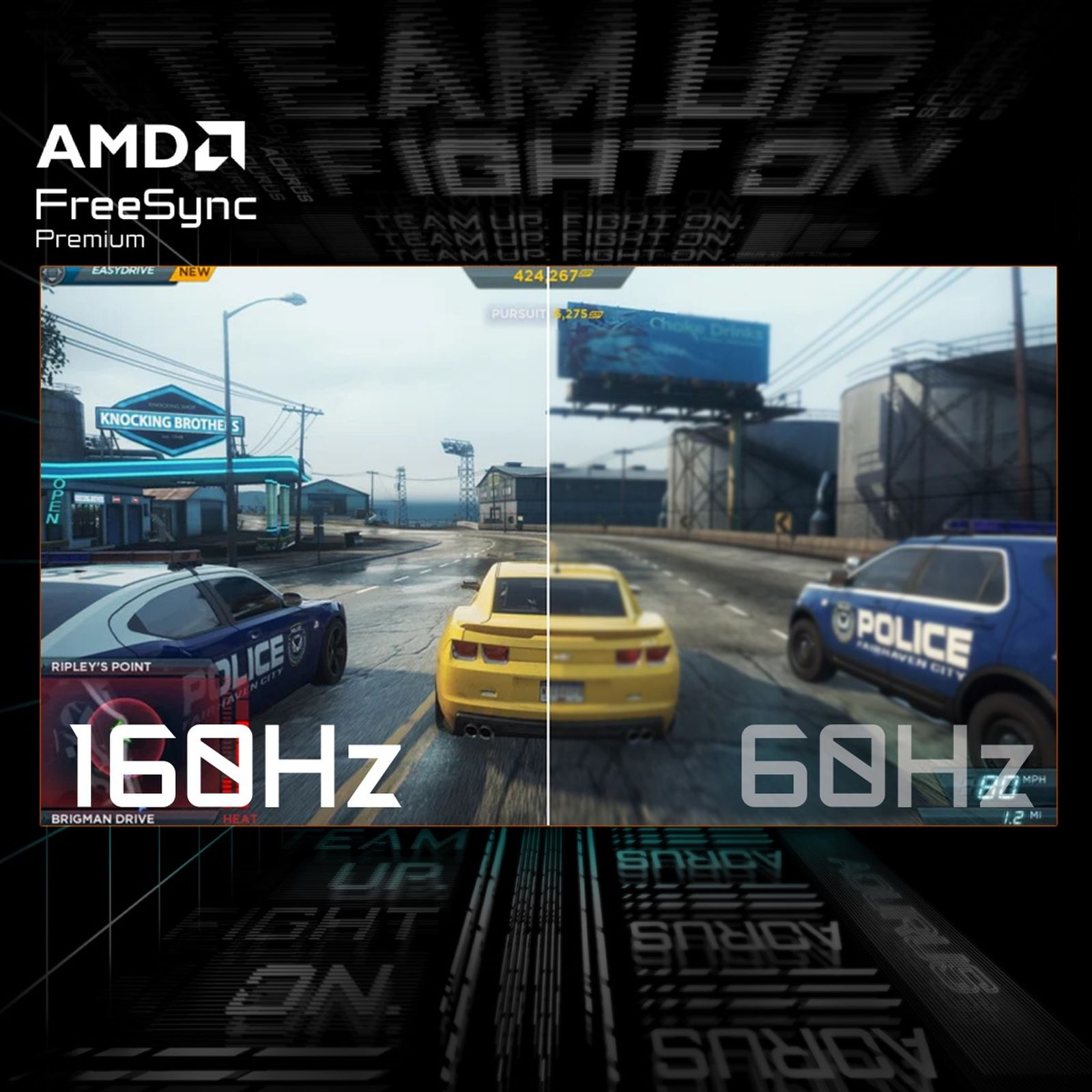 Ekran pokazujący grę wyścigową. Dwa samochody ścigają się na drodze.