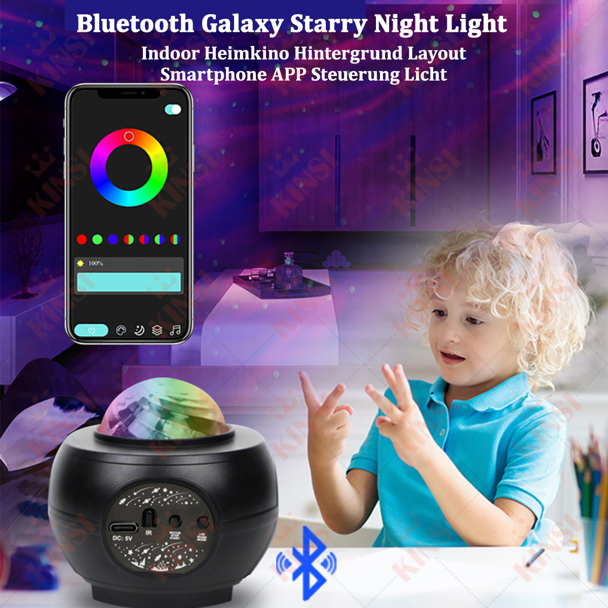 Ein Kind in einem Raum mit einem Galaxy-Projektor. Ein Telefon zeigt die Steuerung.