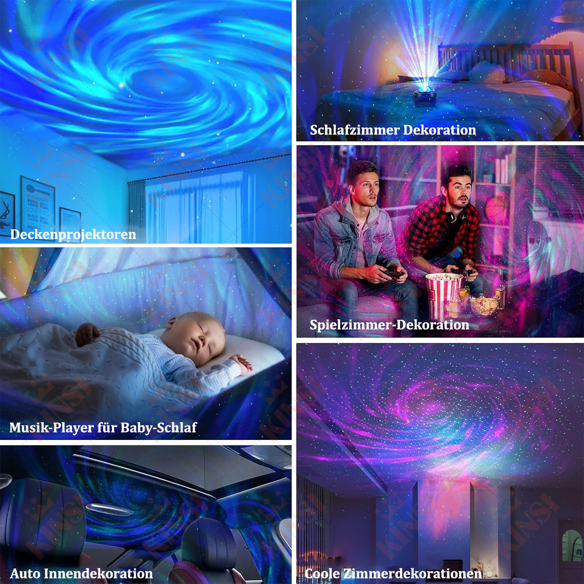 Mehrere Szenen mit einem Galaxie-Projektor: Schlafzimmer, Spielzimmer und Babyzimmer.
