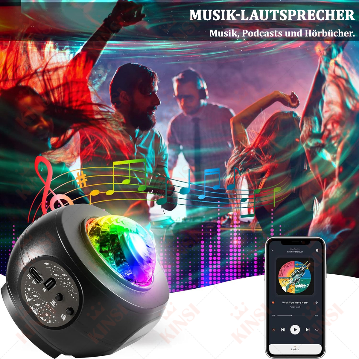 Ein Raum mit Leuten, Musik und einem Galaxieprojektor.