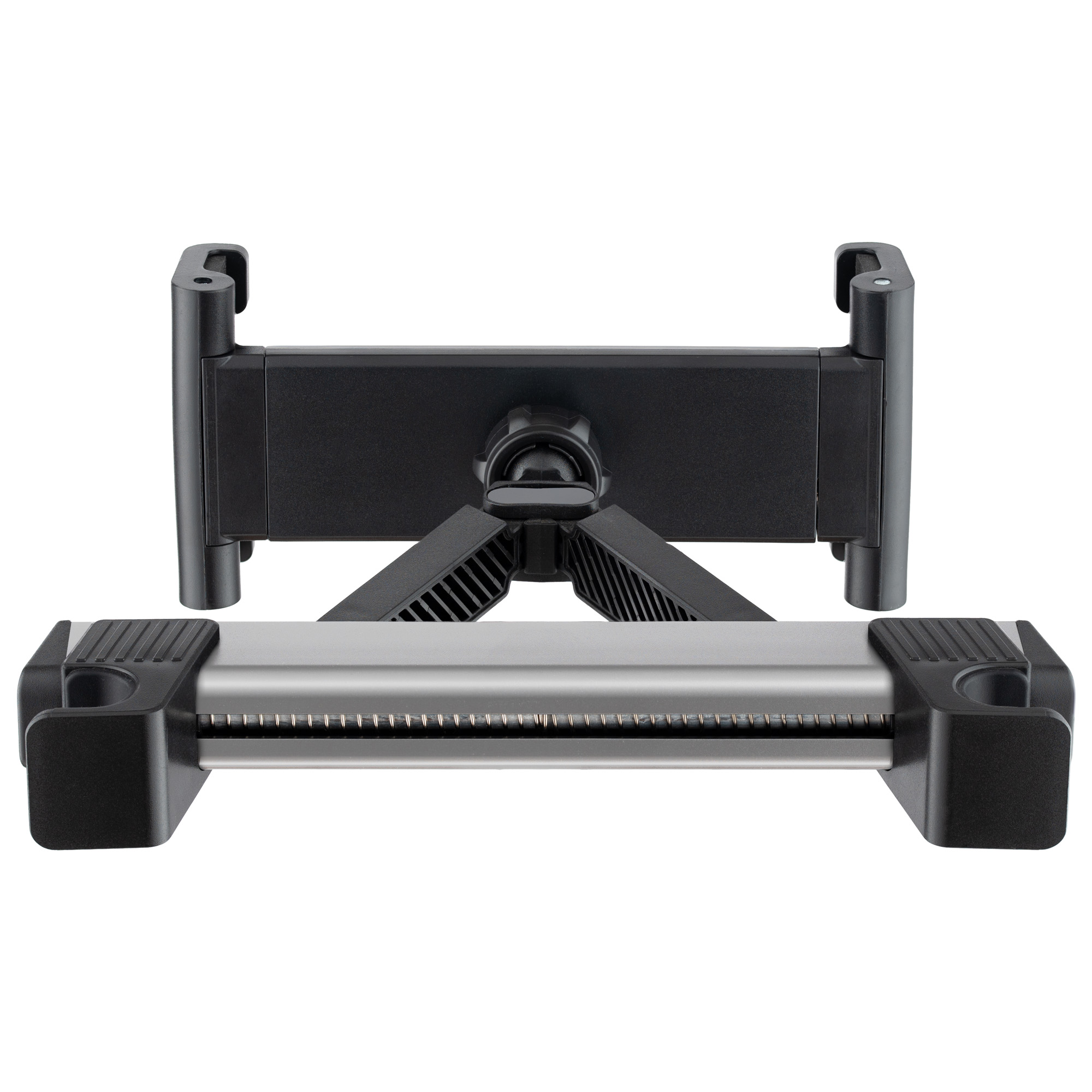 Un supporto per tablet nero e argento, in plastica e metallo.