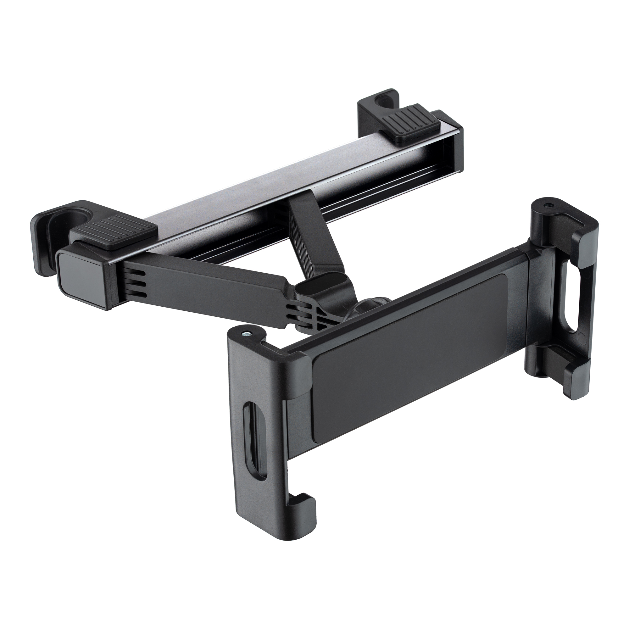 Un supporto per tablet nero e grigio, con bracci regolabili, su sfondo bianco.