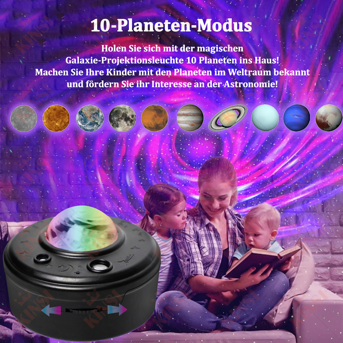 Ein schwarzer Projektor mit Planetenbild, eine Mutter und zwei Kinder lesen ein Buch unter den Planeten.