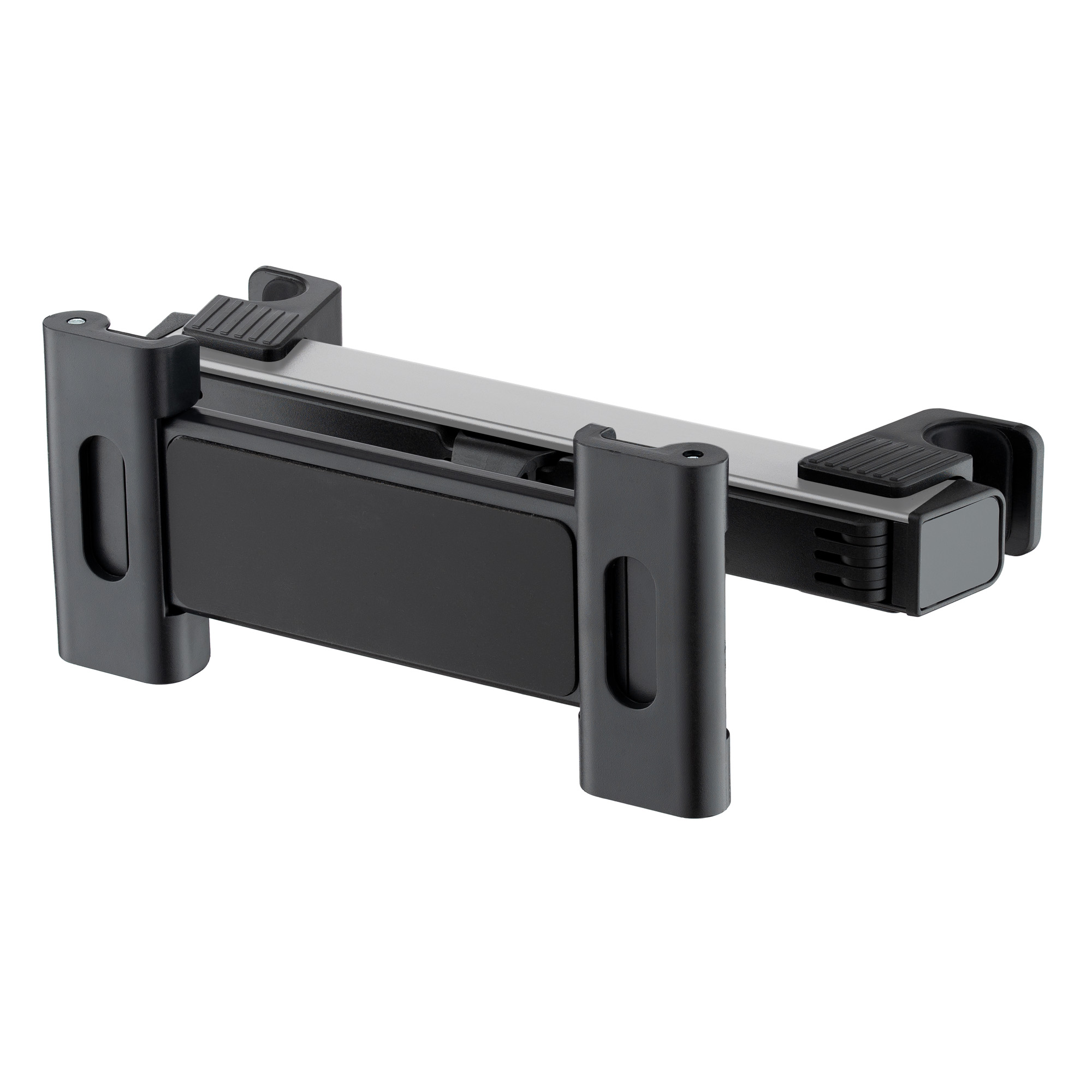 Un supporto per tablet nero e grigio, con bracci regolabili, su sfondo bianco.