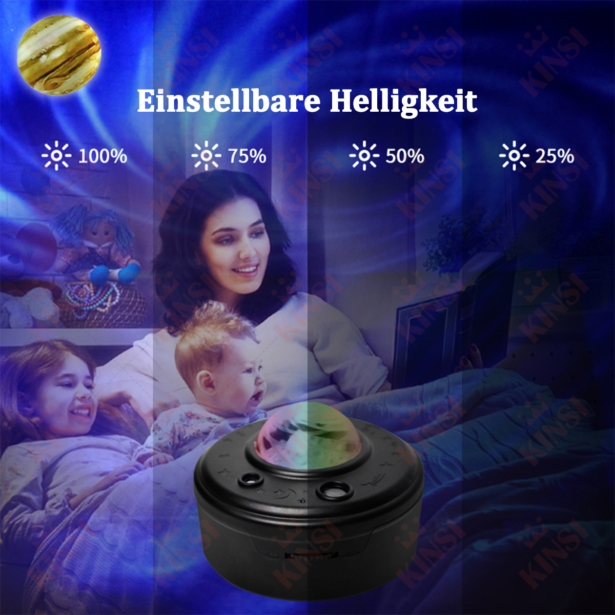 Eine Familie entspannt sich unter Sternenlicht. Ein Projektor zeigt einen farbenfrohen Galaxy-Effekt. Einstellbare Helligkeit.