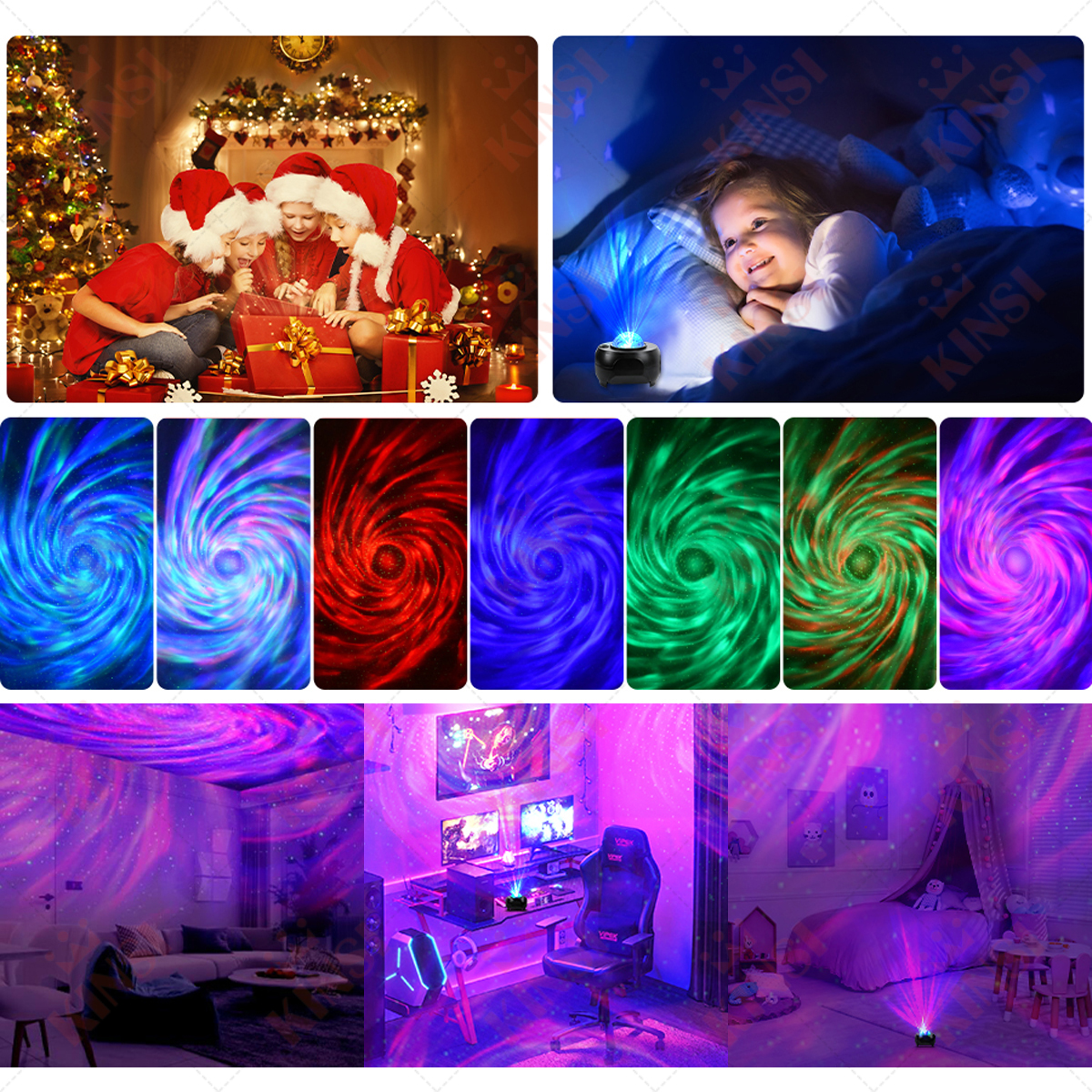 Mehrere Bilder zeigen Sternprojektor-Effekte: Weihnachtsszene, Kind im Bett und verschiedene Galaxiemuster.