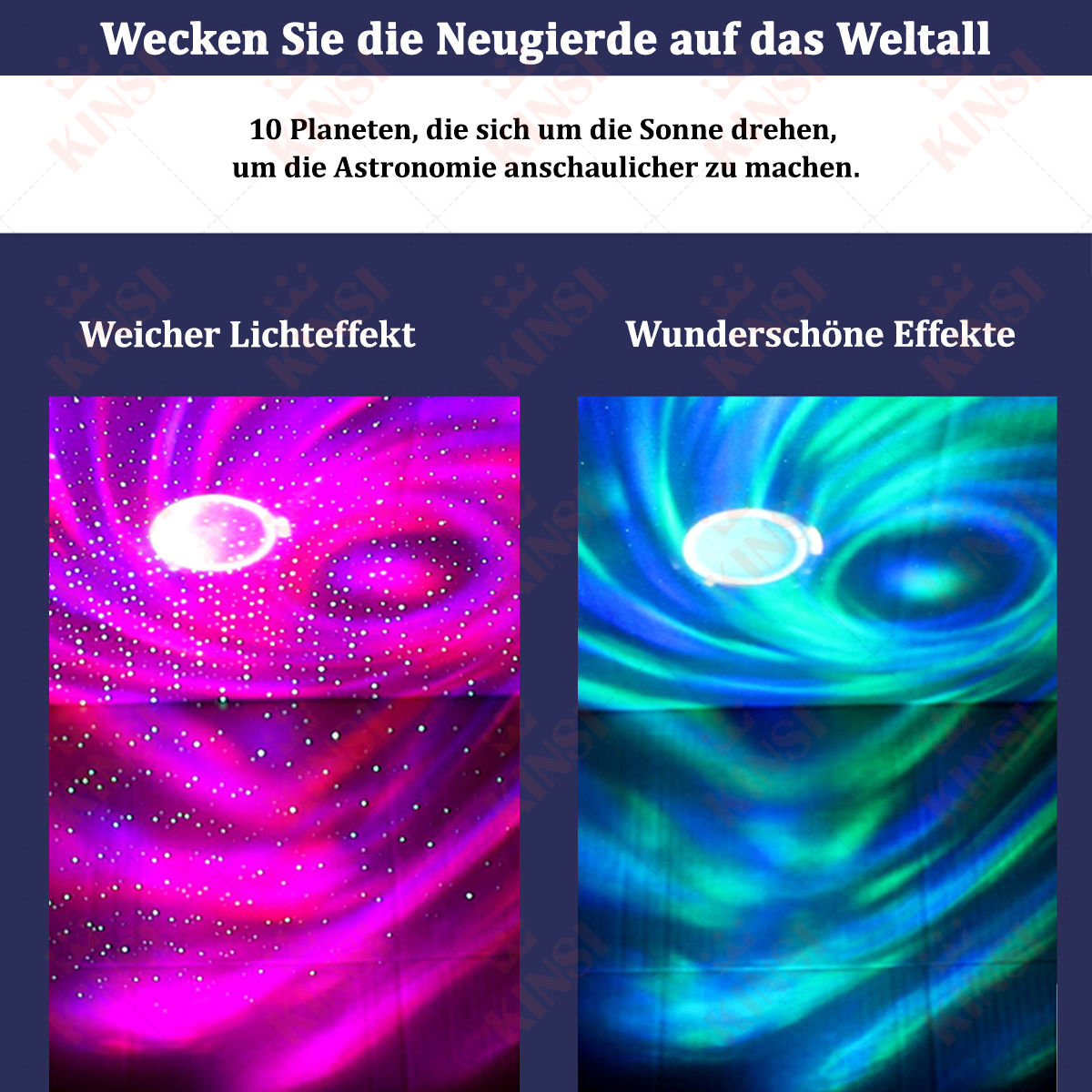 Zwei Bilder mit Projektor-Lichteffekten: eines rosa und sternförmig, das andere blau und wellenförmig.