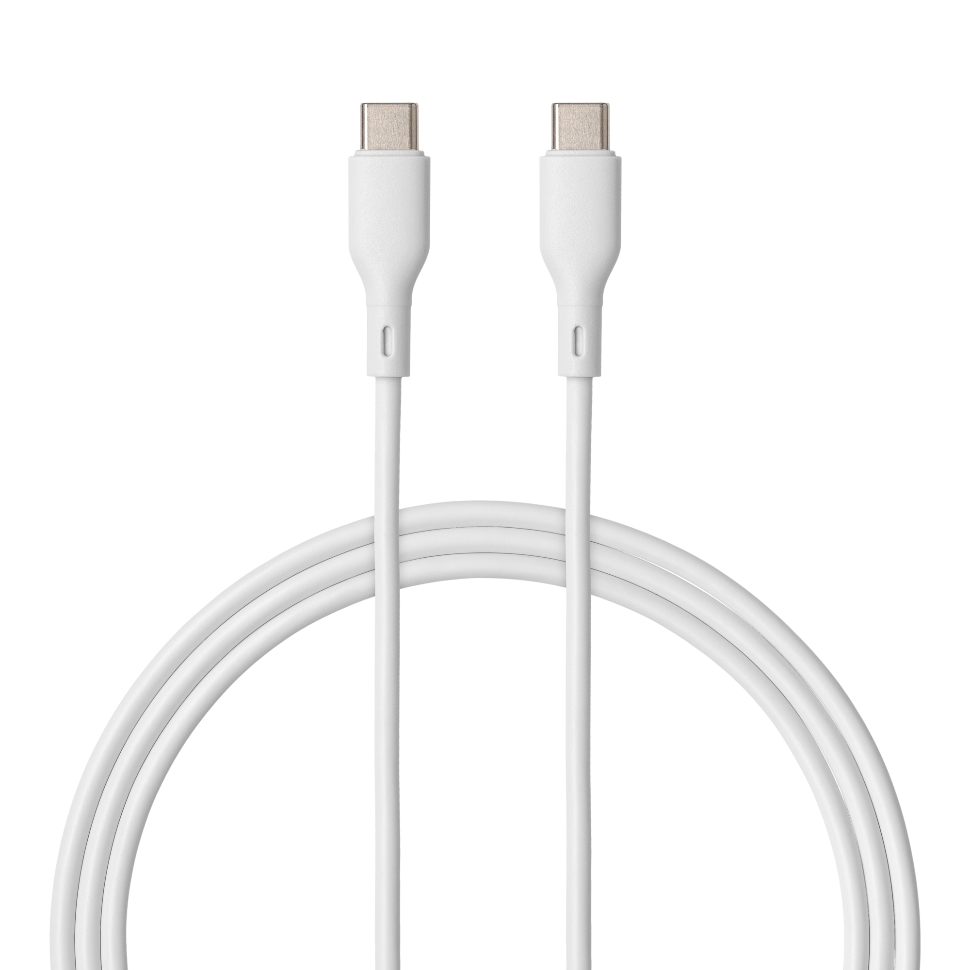 Dwa białe kable USB-C, obok siebie, na gładkim białym tle.