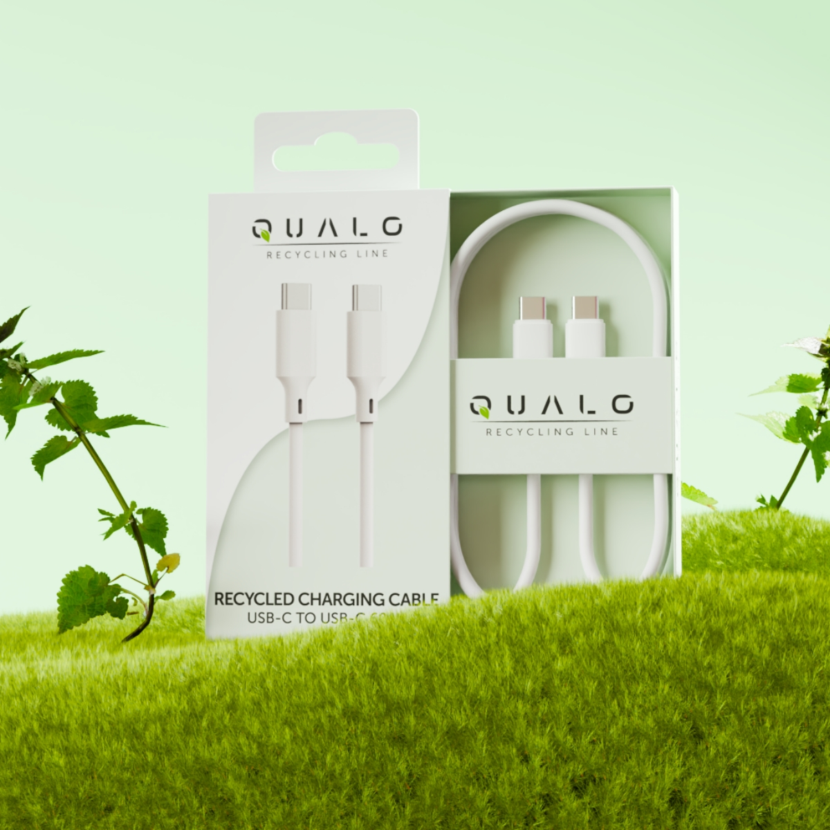 Biały kabel USB-C w pudełku. Pudełko ma nazwę marki i słowa 'Recycling Line'.