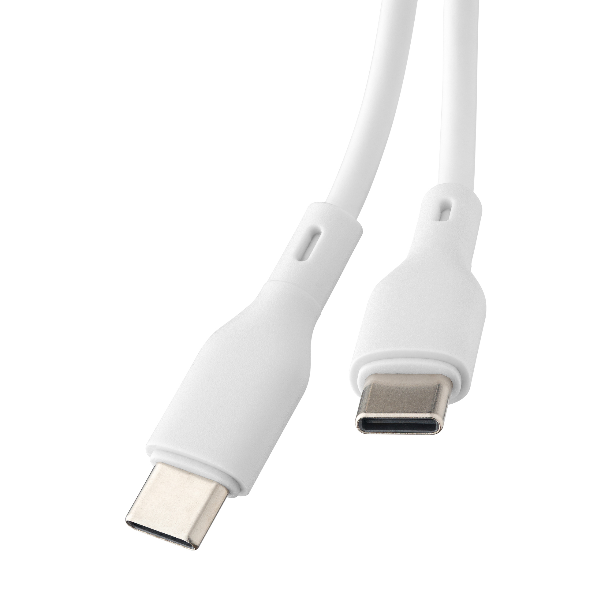 Biały kabel USB-C z dwoma złączami. Złącza są blisko siebie na kablu.