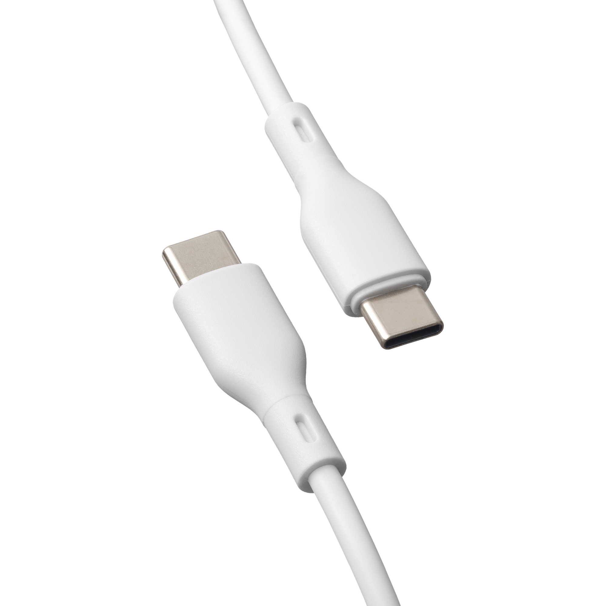 Biały kabel USB-C z dwoma złączami. Złącza są skierowane do siebie.