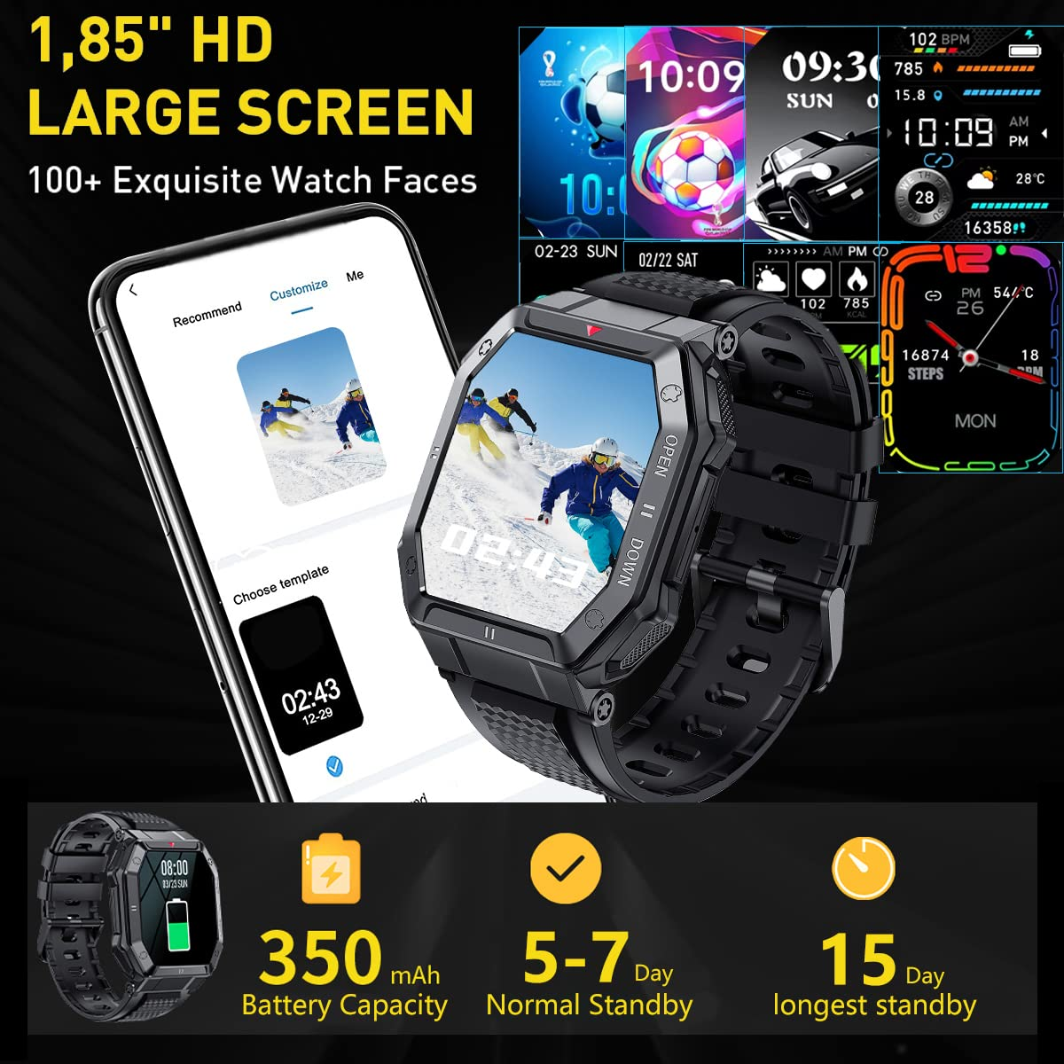 Smartwatch mit mehreren Bildschirmen, die Daten und Uhrzeit anzeigen. Schwarzes Armband. Weißer Hintergrund.