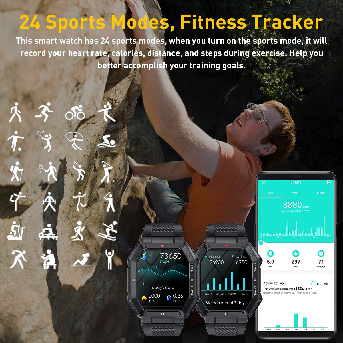 Mann klettert auf Felsen mit Smartwatch. Symbole und Daten auf dem Bildschirm. Outdoor-Umgebung.