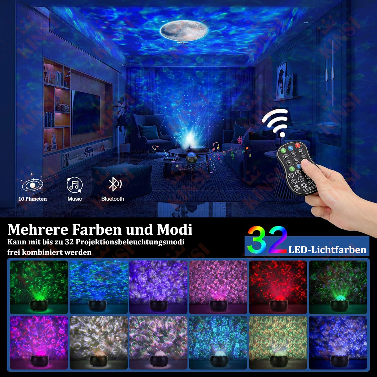 Zimmer mit Galaxie-Lichtprojektor, der viele Farben und Modi zeigt.
