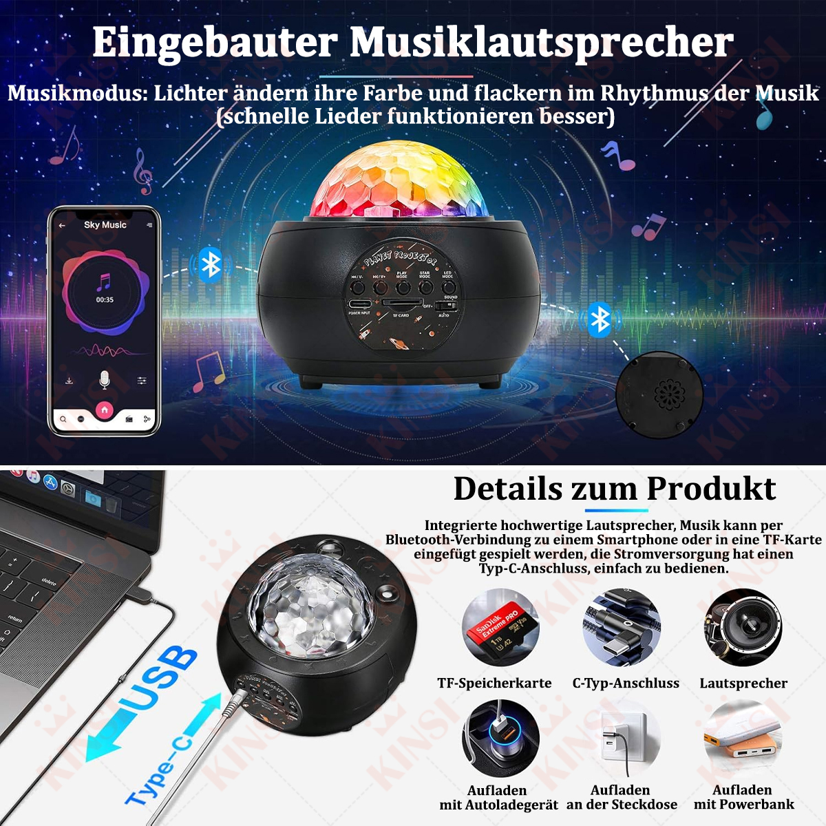 Ein schwarzer Projektor mit Smartphone, USB- und TF-Kartenanschlüssen. Details zum Produkt.