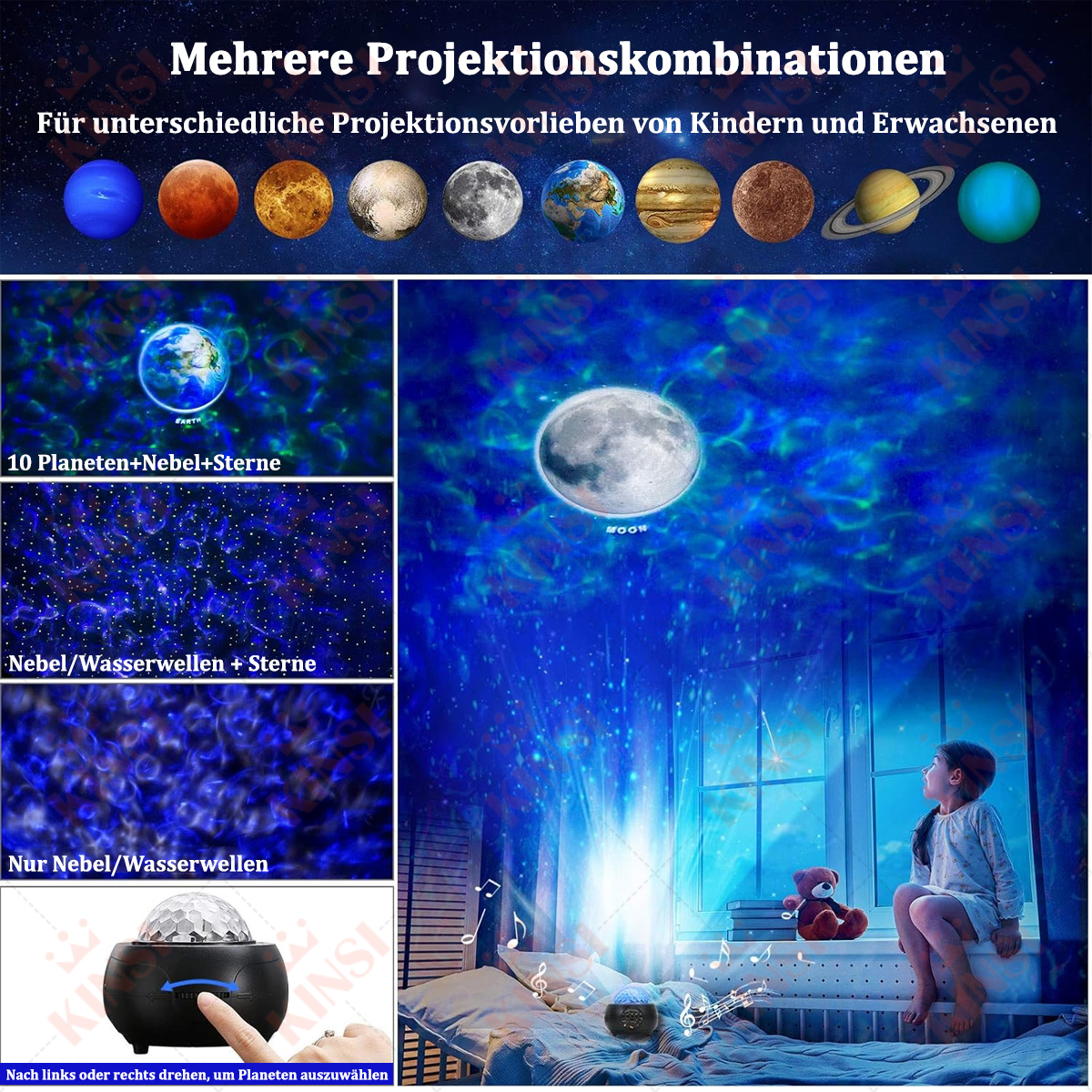 Ein Projektor, der Planeten- und Nebelprojektionen anzeigt, mit einem Mädchen, das sich die Projektionen ansieht.