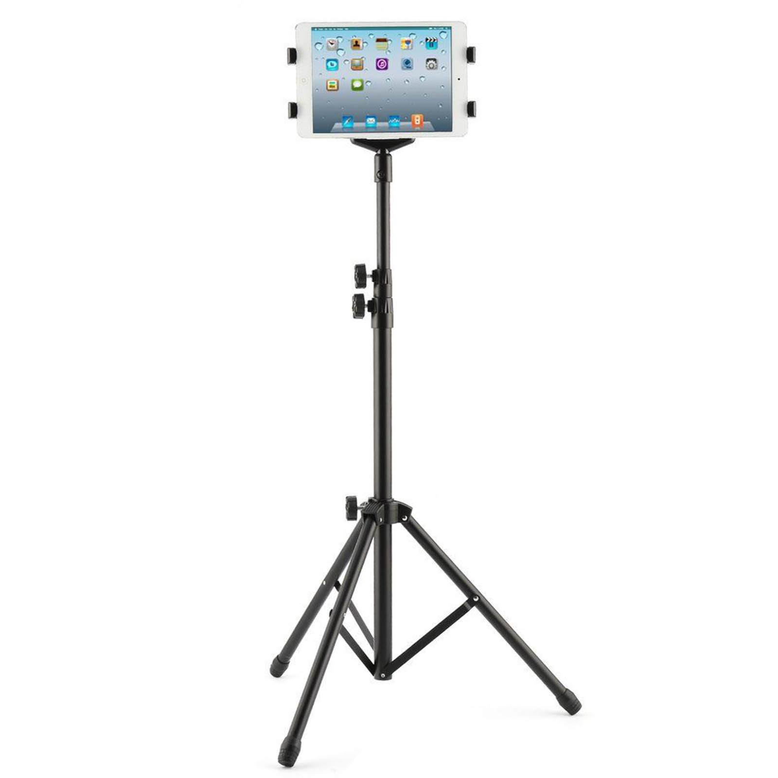 Supporto per tablet nero. Il tablet è in cima al supporto. Sfondo bianco.